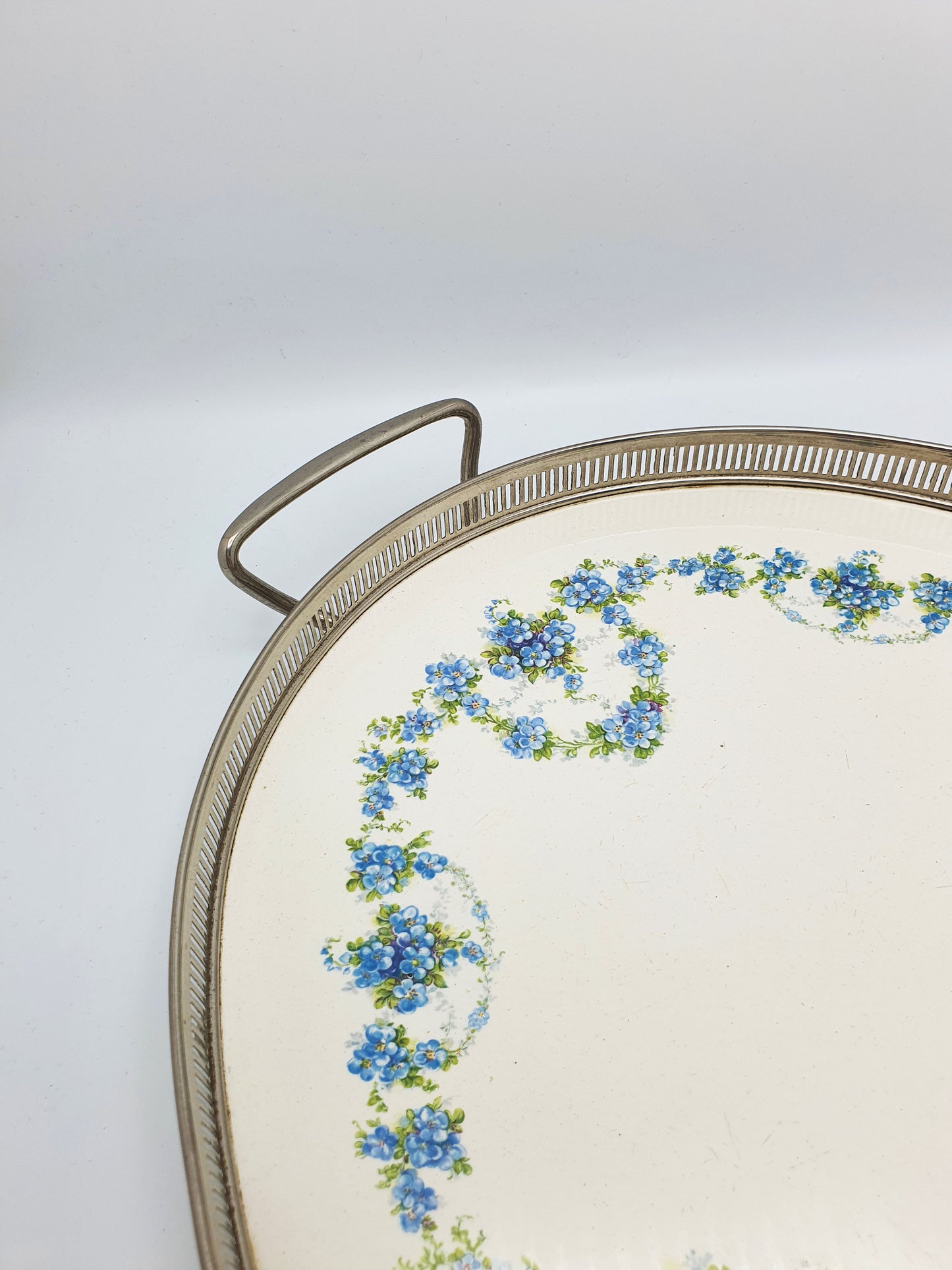 Antique Continental Oval Serving Tray With Blue Floral Centre – circa 1920
