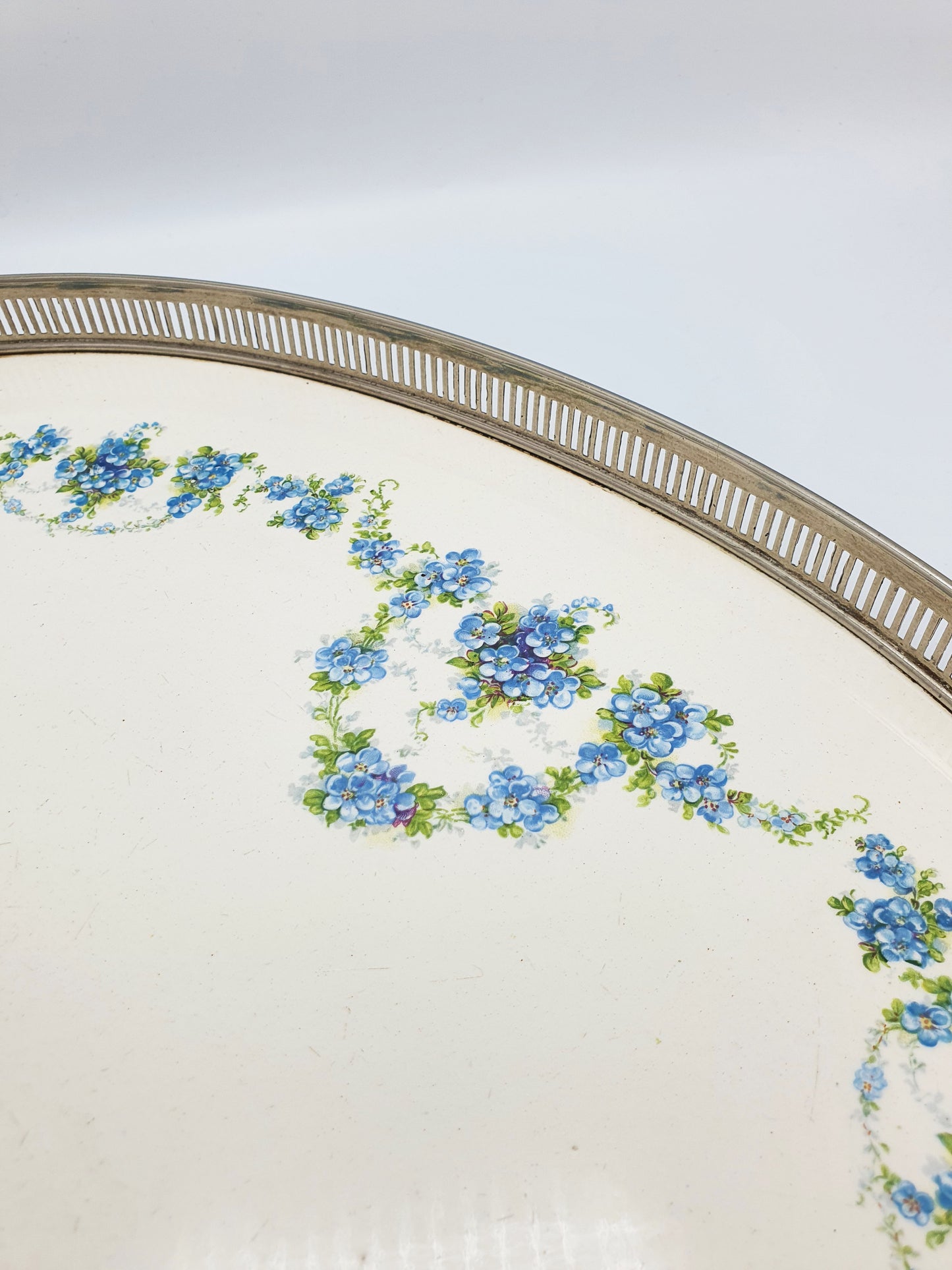 Antique Continental Oval Serving Tray With Blue Floral Centre – circa 1920
