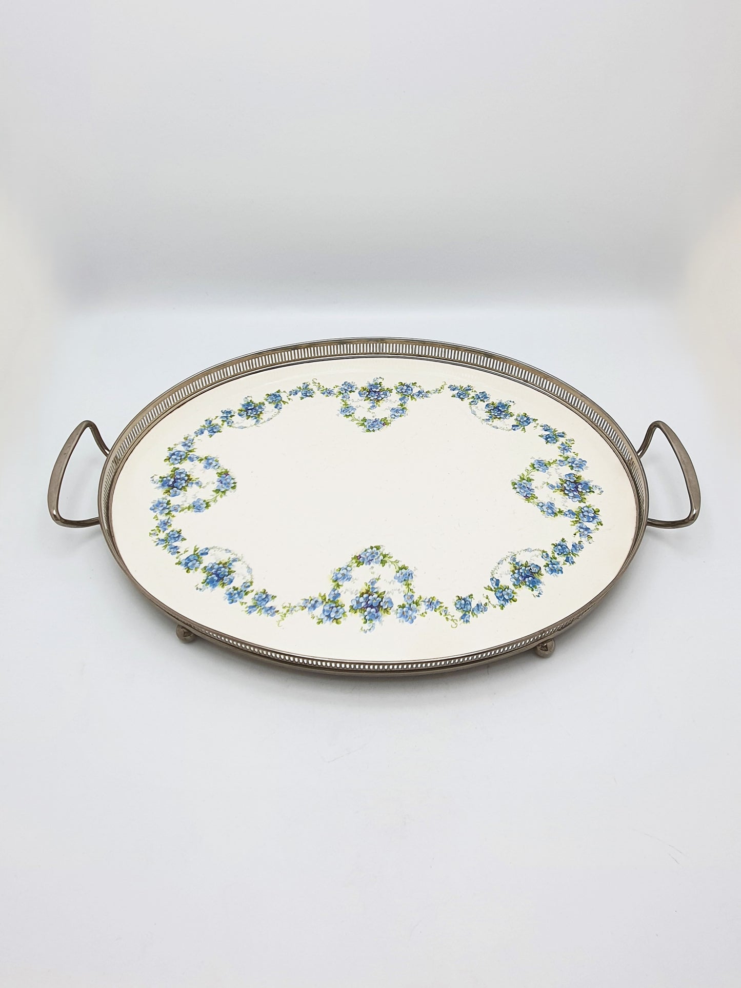 Antique Continental Oval Serving Tray With Blue Floral Centre – circa 1920
