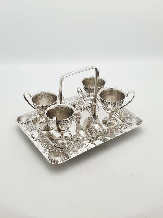 Antique Edwardian Silver Plated Four Person Embossed Egg Cruet Set – circa 1905