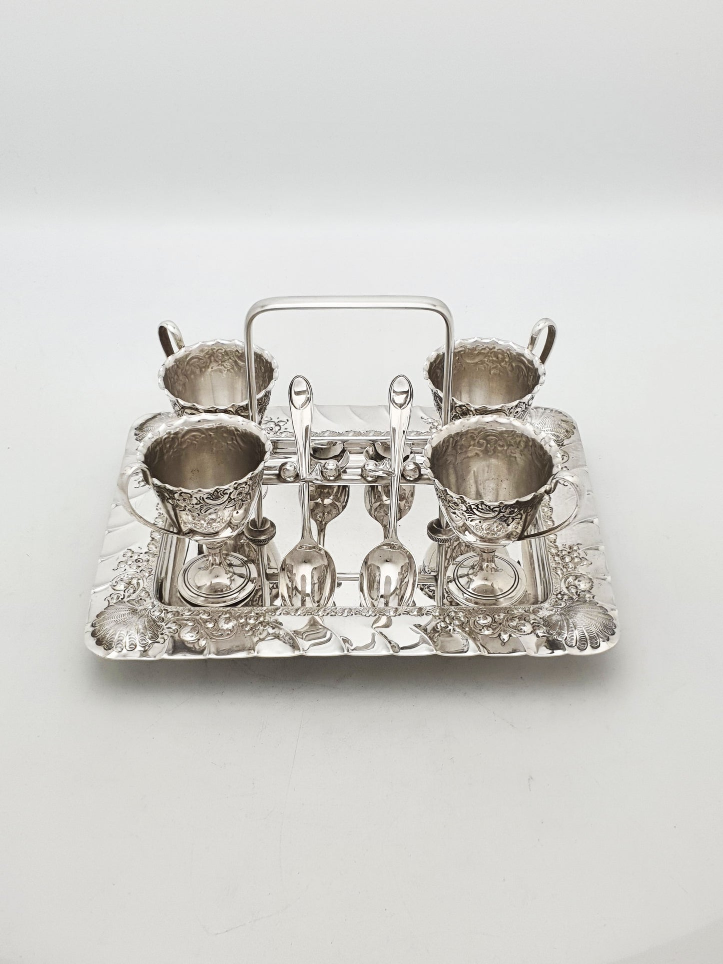 Antique Edwardian Silver Plated Four Person Embossed Egg Cruet Set – circa 1905