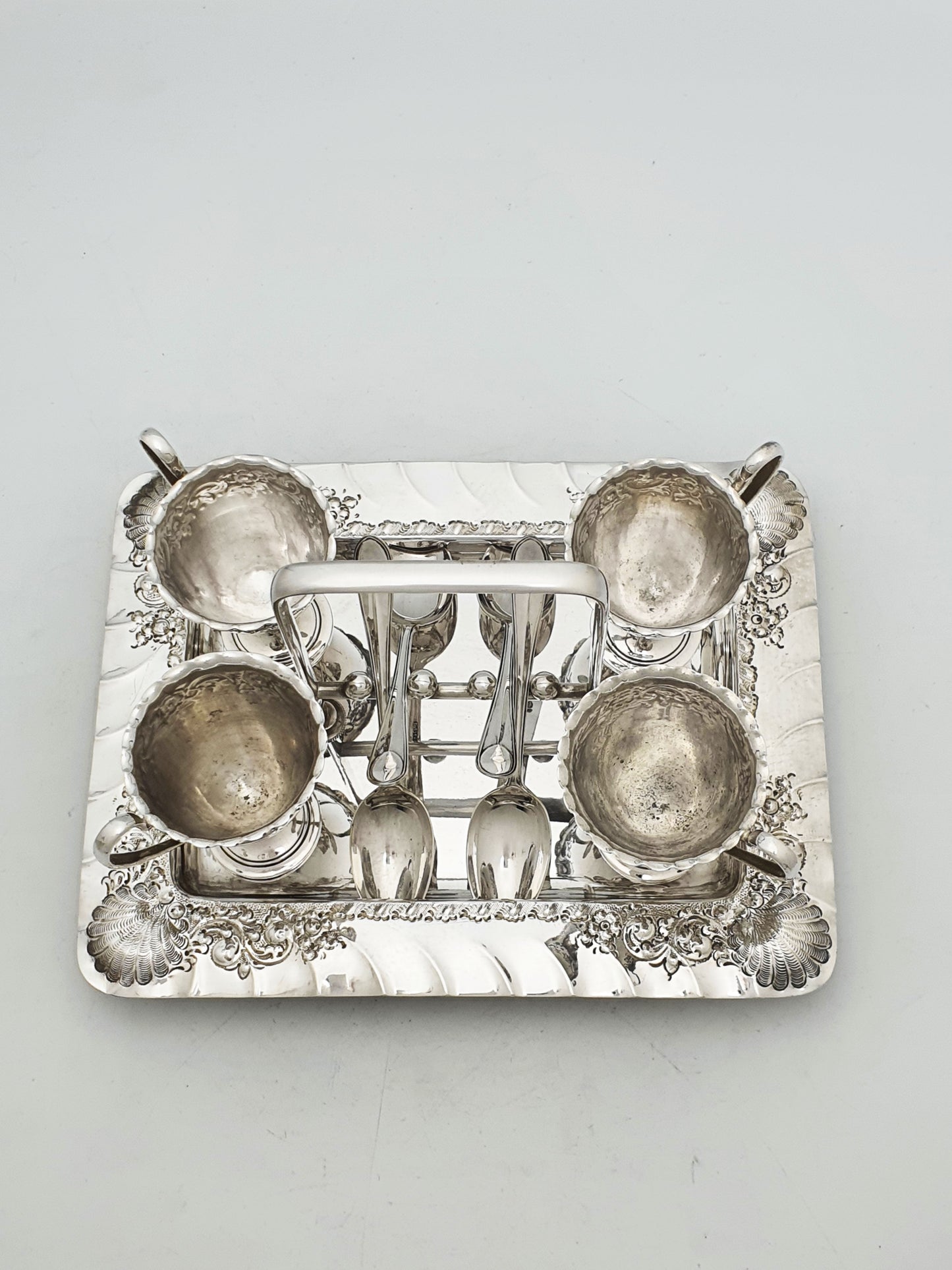 Antique Edwardian Silver Plated Four Person Embossed Egg Cruet Set – circa 1905