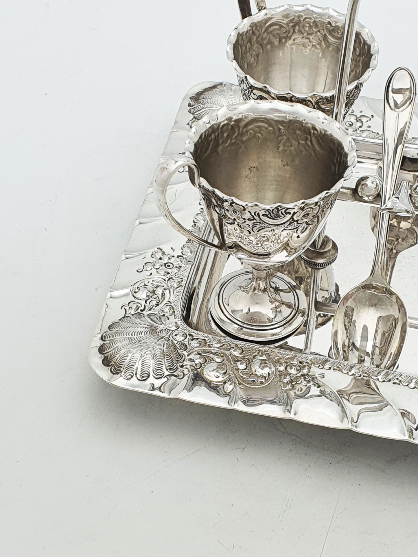 Antique Edwardian Silver Plated Four Person Embossed Egg Cruet Set – circa 1905