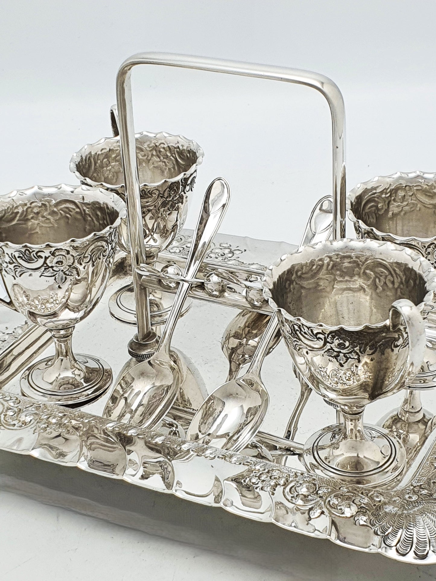 Antique Edwardian Silver Plated Four Person Embossed Egg Cruet Set – circa 1905