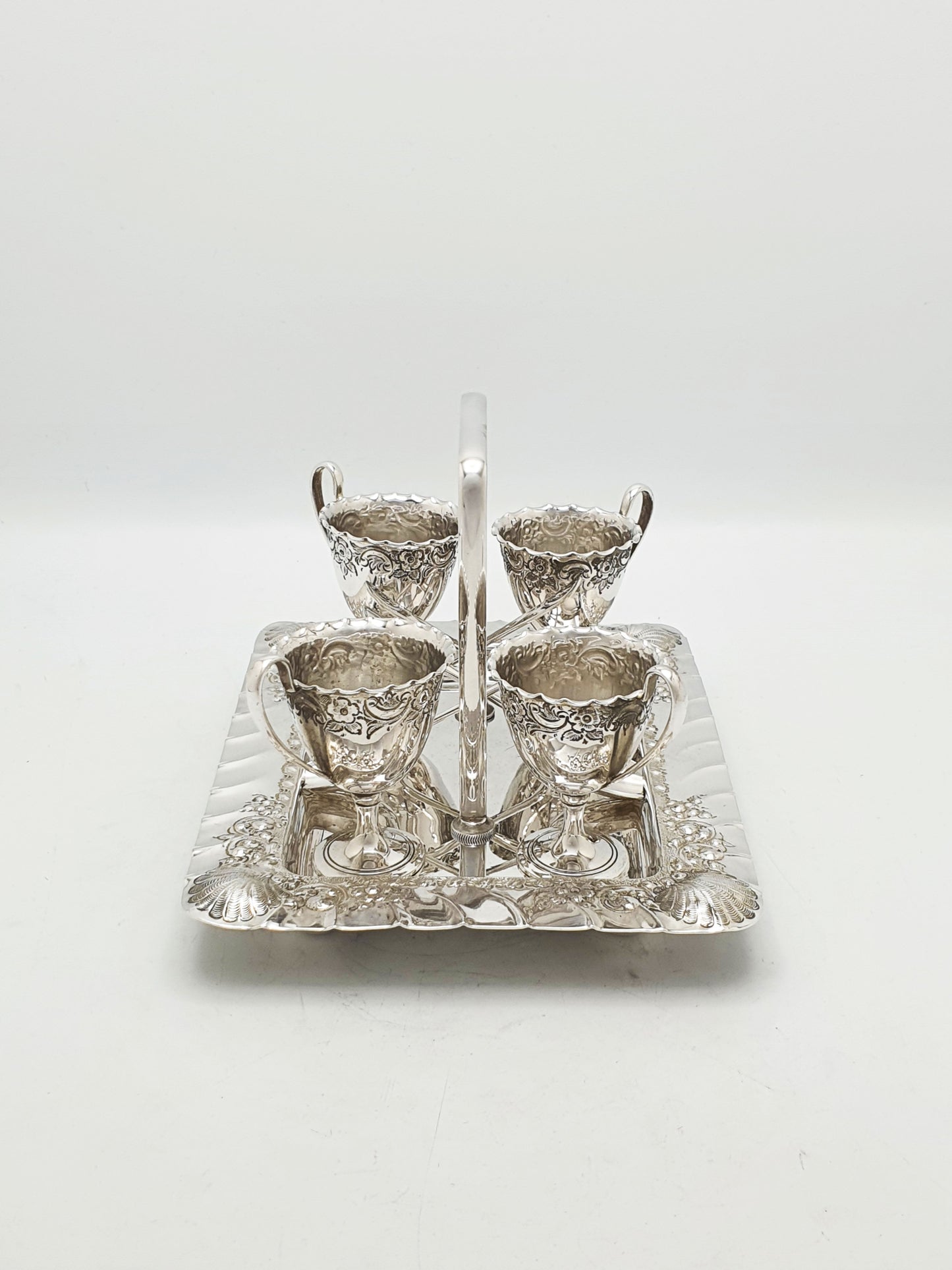 Antique Edwardian Silver Plated Four Person Embossed Egg Cruet Set – circa 1905