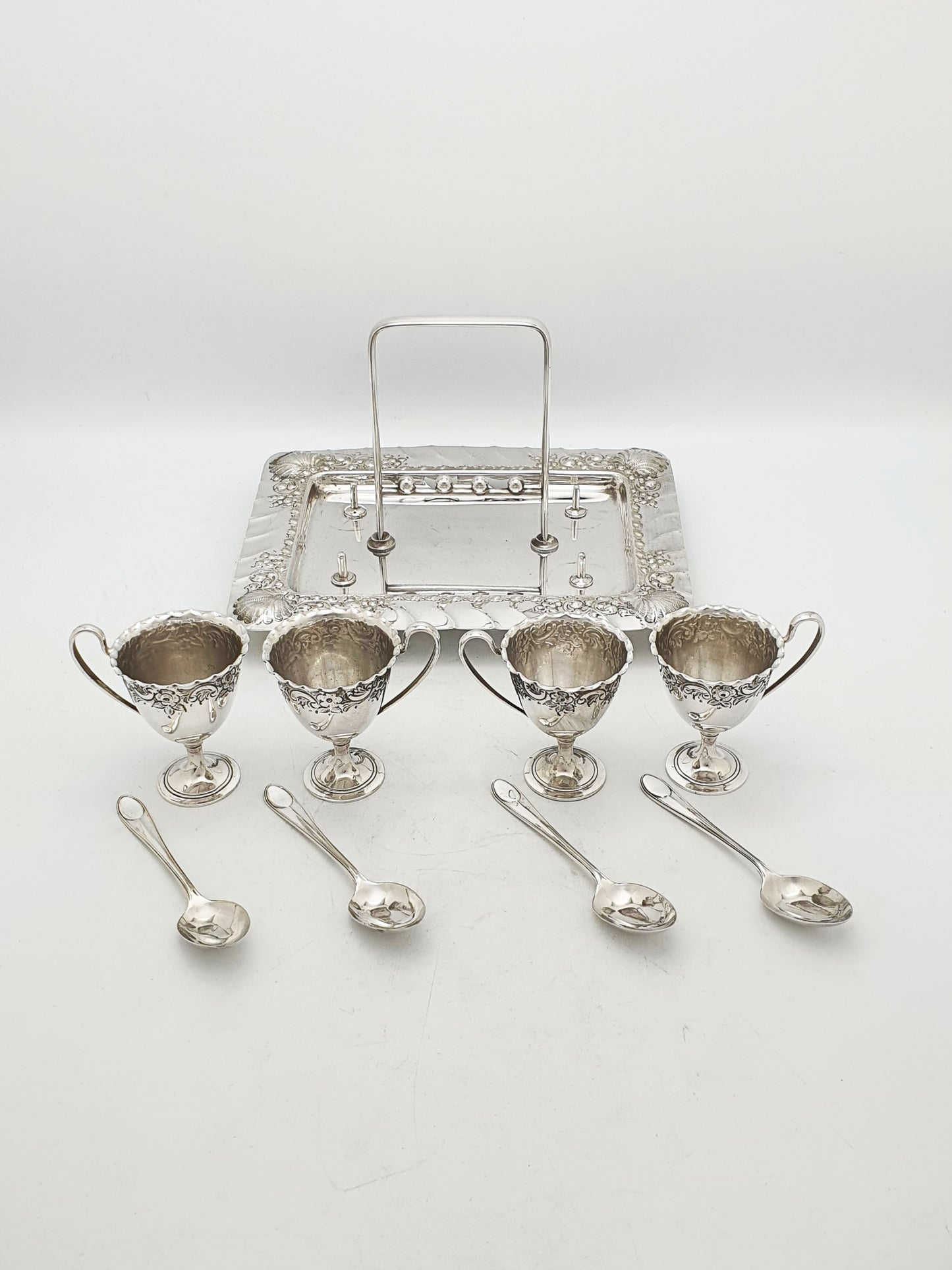 Antique Edwardian Silver Plated Four Person Embossed Egg Cruet Set – circa 1905