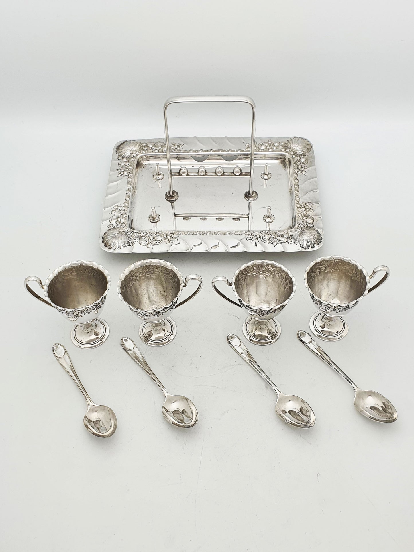 Antique Edwardian Silver Plated Four Person Embossed Egg Cruet Set – circa 1905