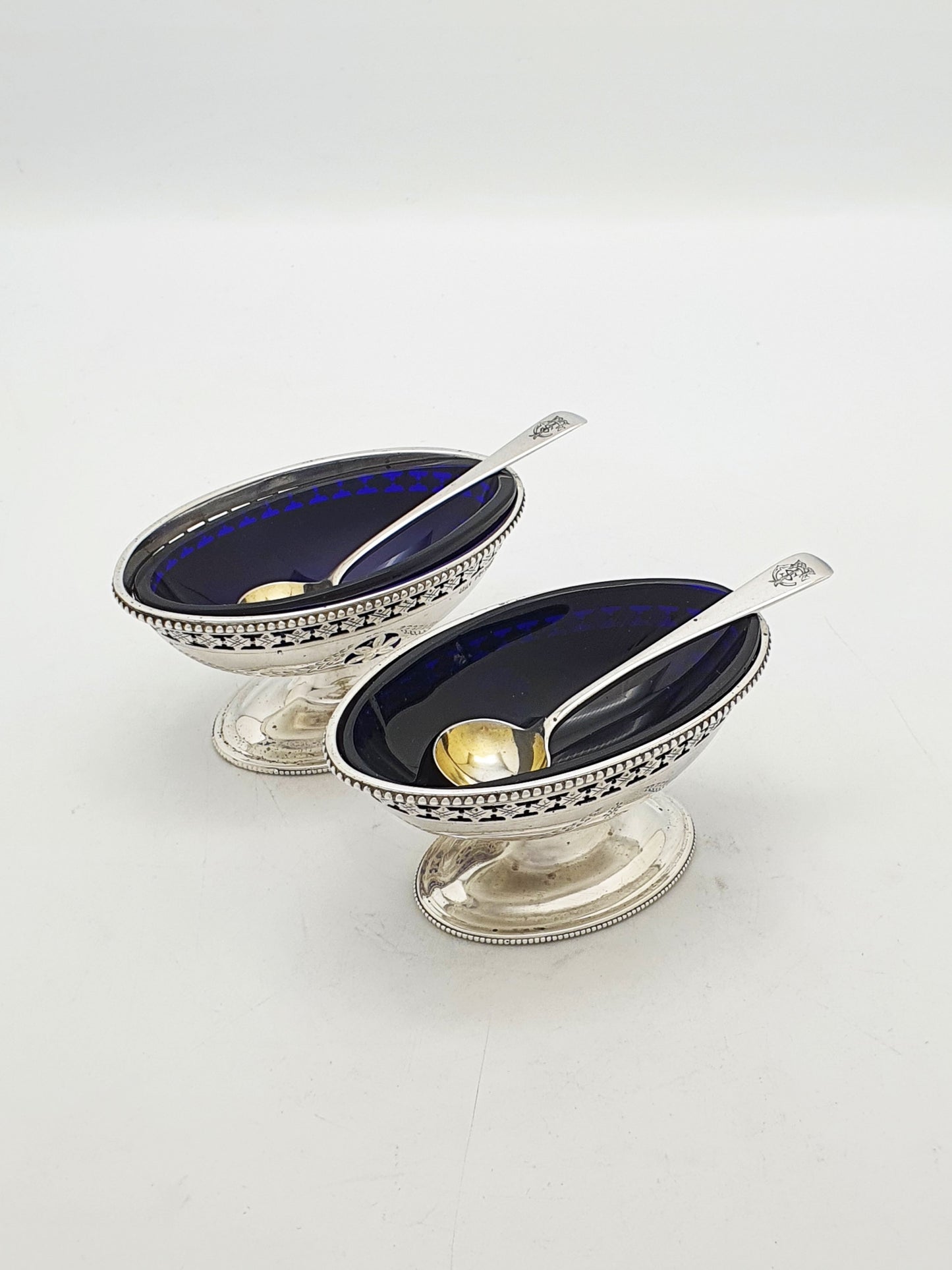Pair of Antique Edwardian Sterling Silver Salt Cellars With Cobalt Glass Liners - 1902