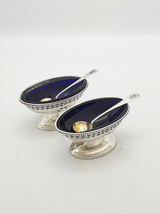 Pair of Antique Edwardian Sterling Silver Salt Cellars With Cobalt Glass Liners - 1902
