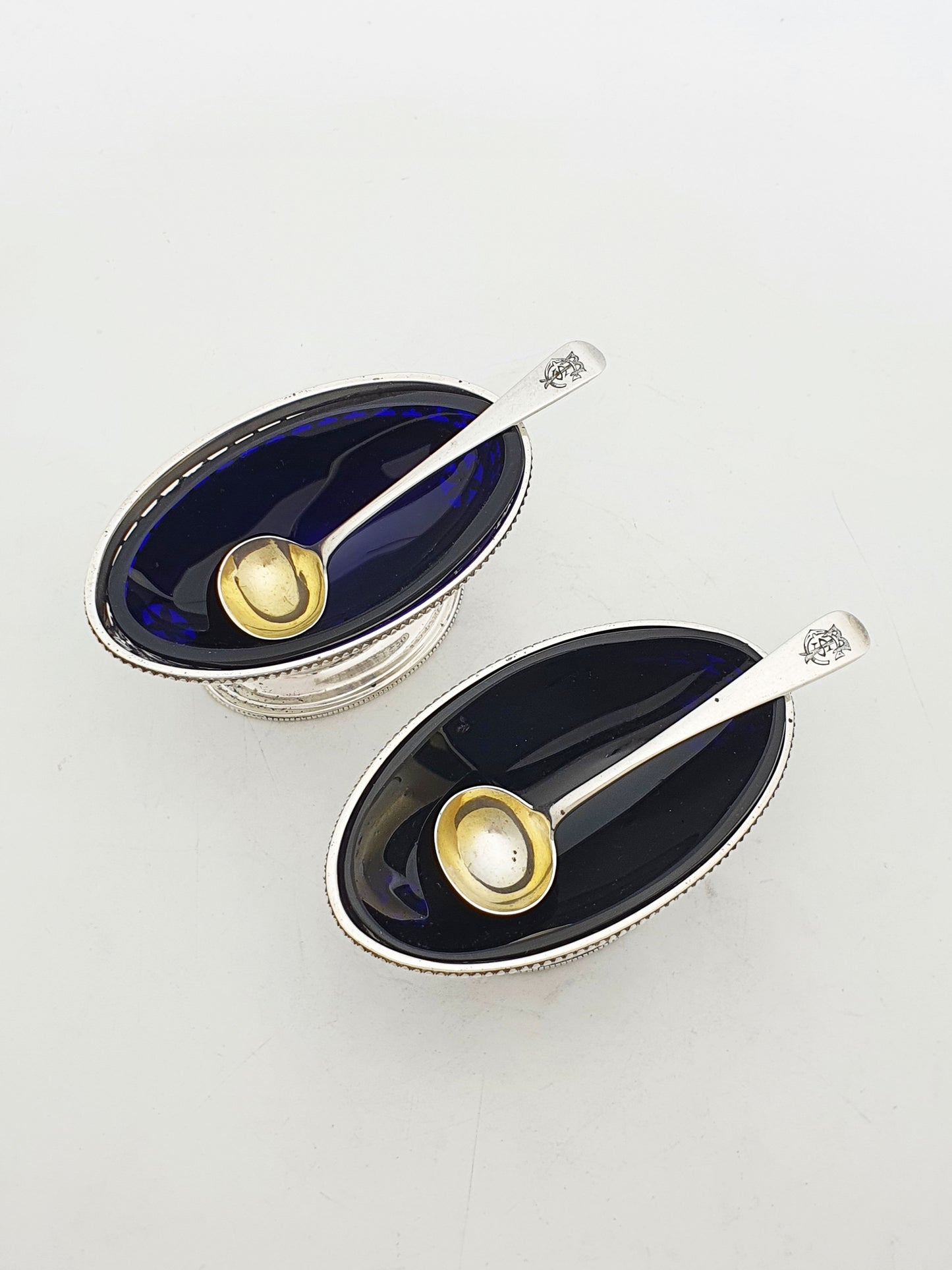 Pair of Antique Edwardian Sterling Silver Salt Cellars With Cobalt Glass Liners - 1902