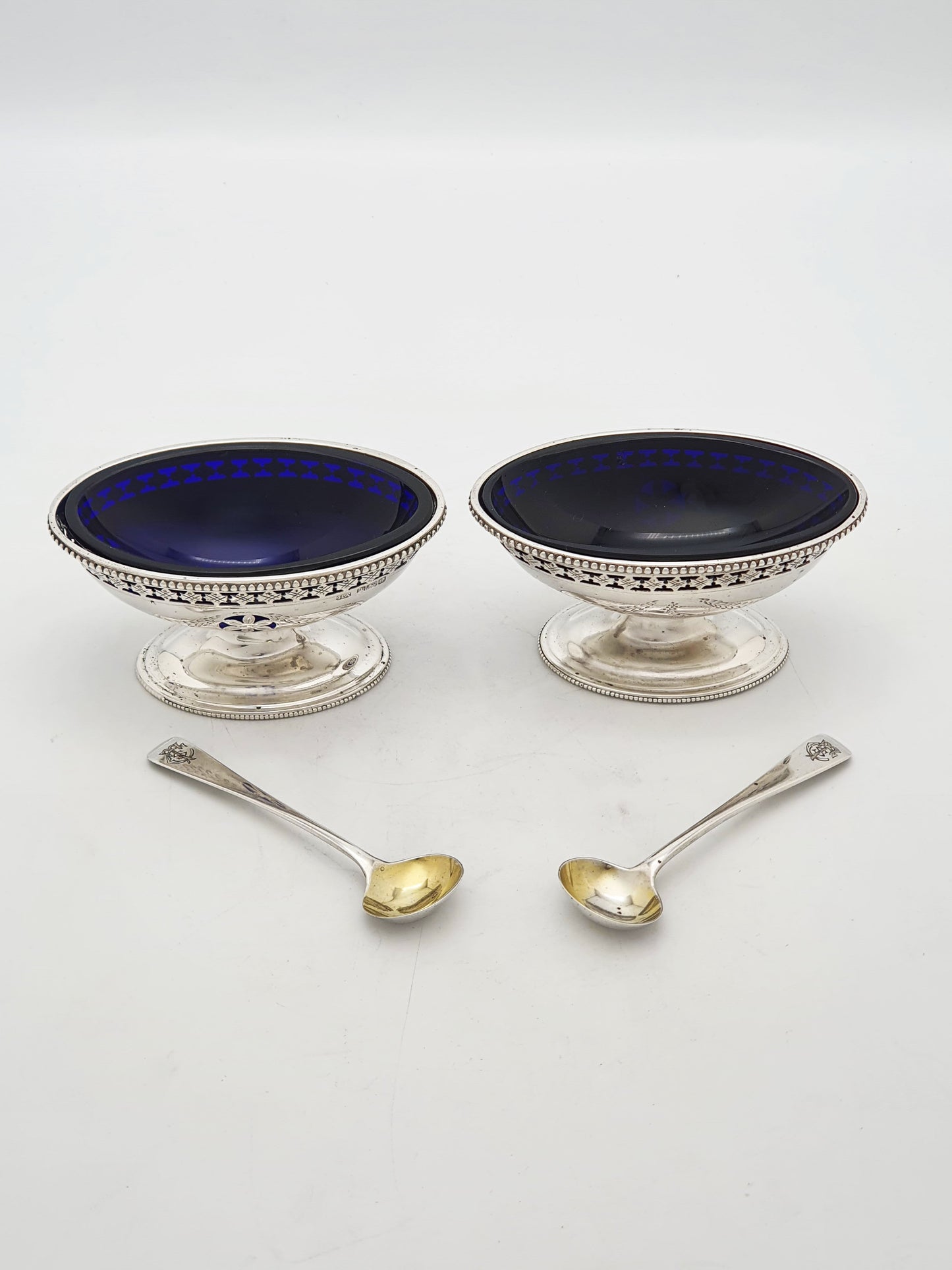 Pair of Antique Edwardian Sterling Silver Salt Cellars With Cobalt Glass Liners - 1902