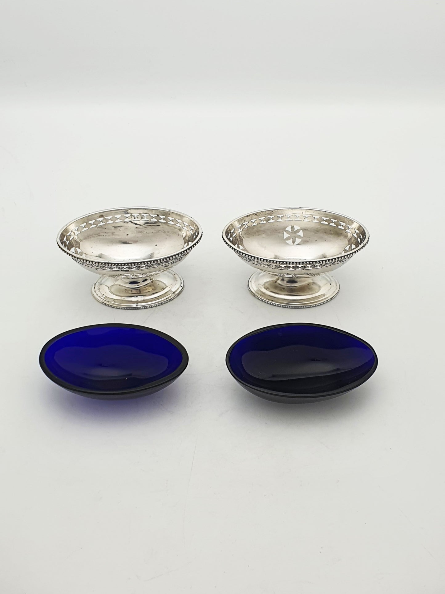 Pair of Antique Edwardian Sterling Silver Salt Cellars With Cobalt Glass Liners - 1902