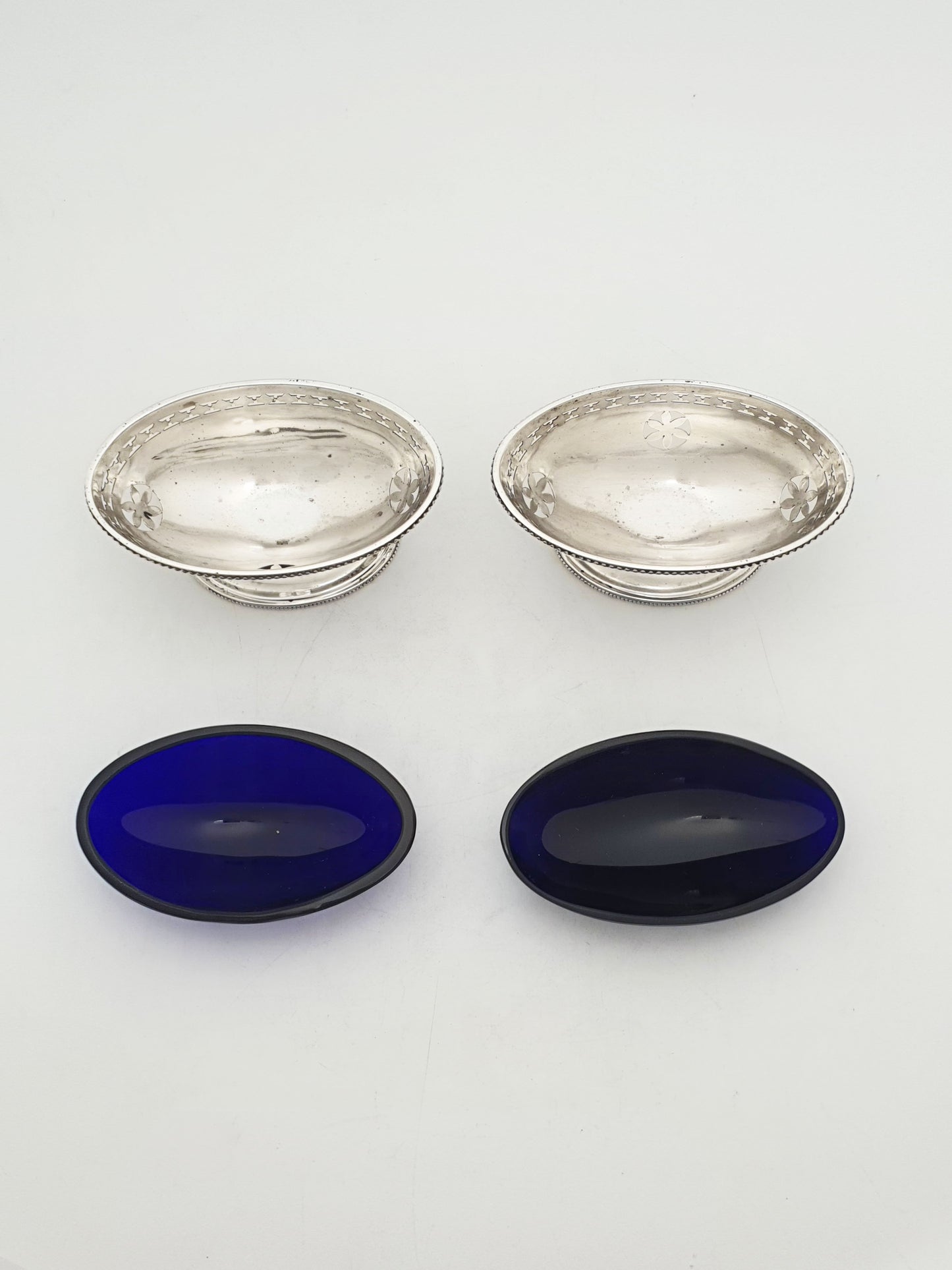 Pair of Antique Edwardian Sterling Silver Salt Cellars With Cobalt Glass Liners - 1902
