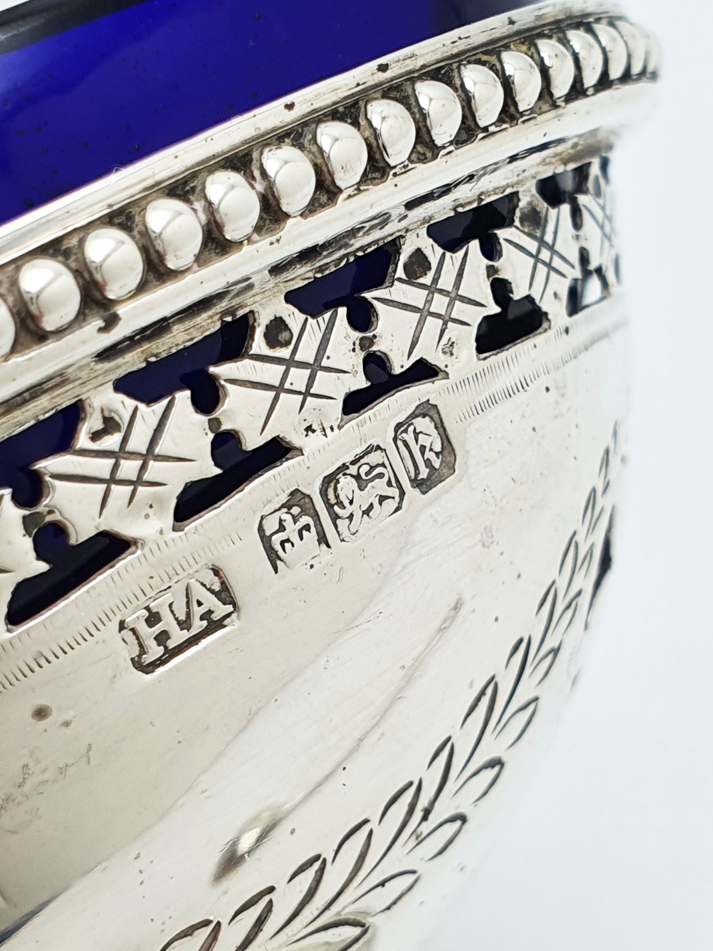 Pair of Antique Edwardian Sterling Silver Salt Cellars With Cobalt Glass Liners - 1902
