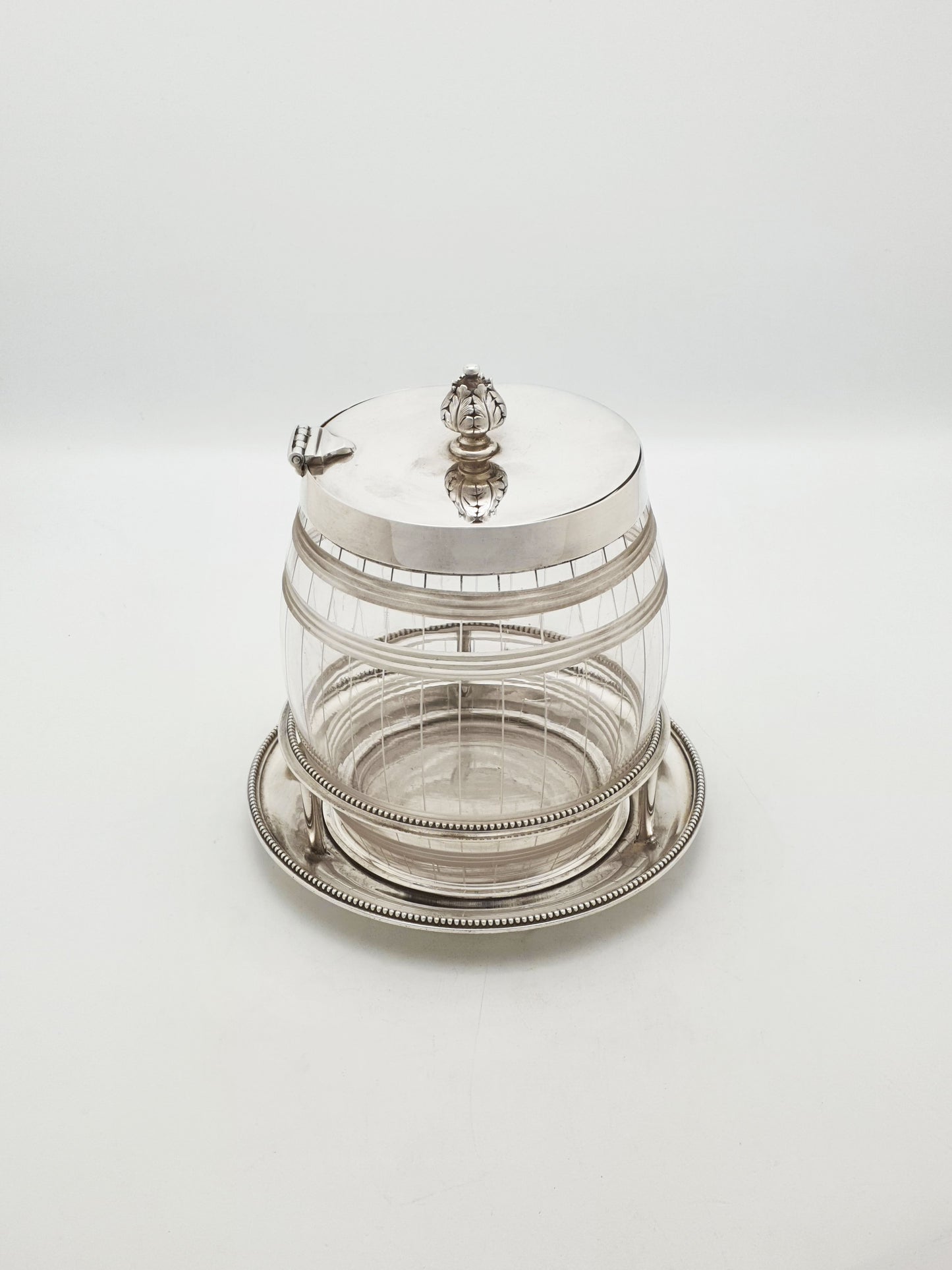 Antique Elkington Cut Glass and Silver Plated Biscuit Barrel With Stand – 1869