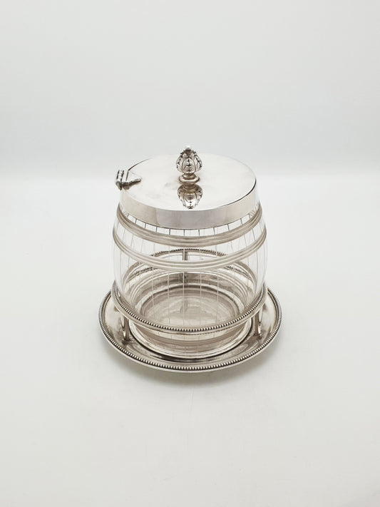 Antique Elkington Cut Glass and Silver Plated Biscuit Barrel With Stand – 1869