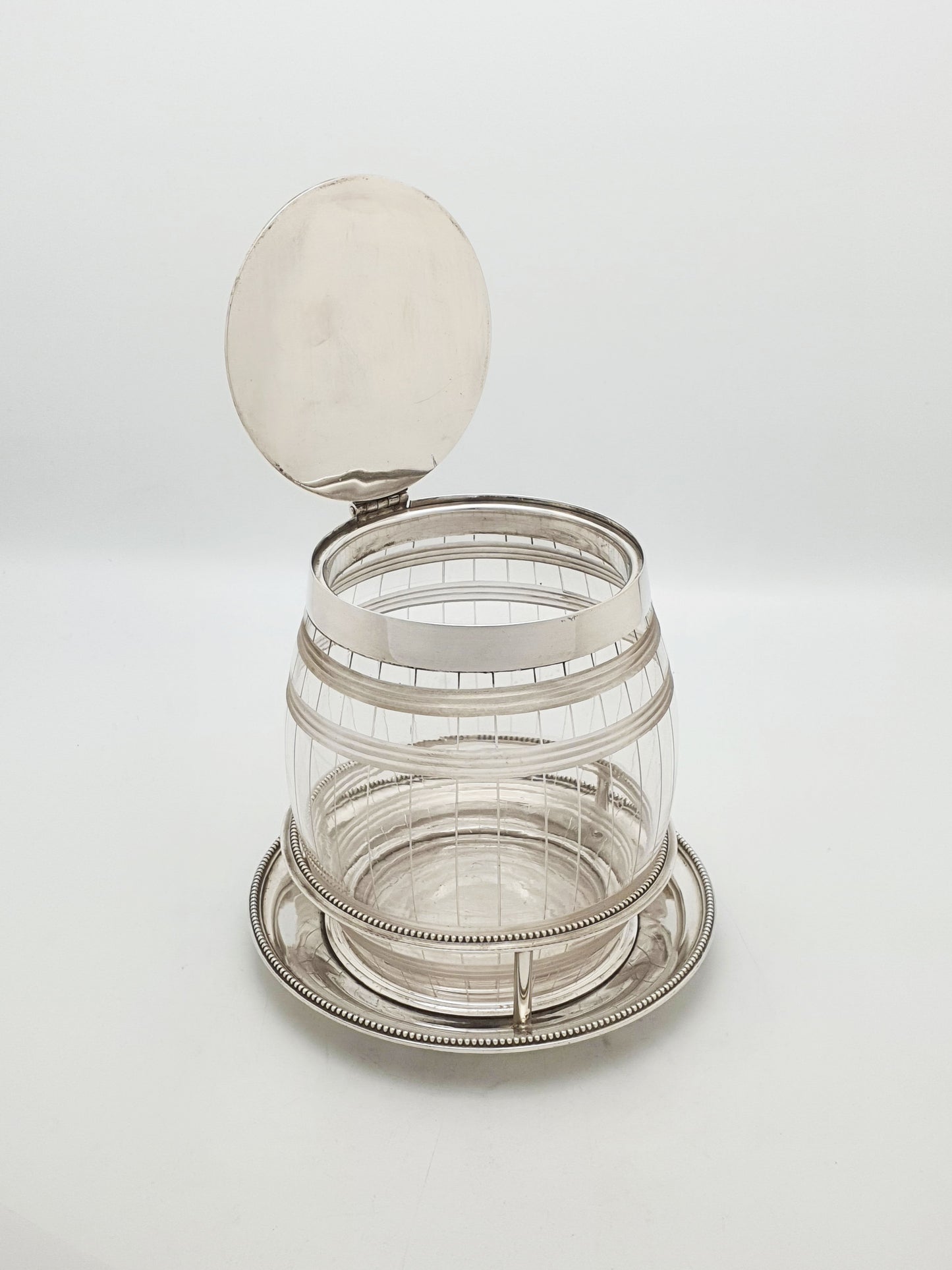 Antique Elkington Cut Glass and Silver Plated Biscuit Barrel With Stand – 1869