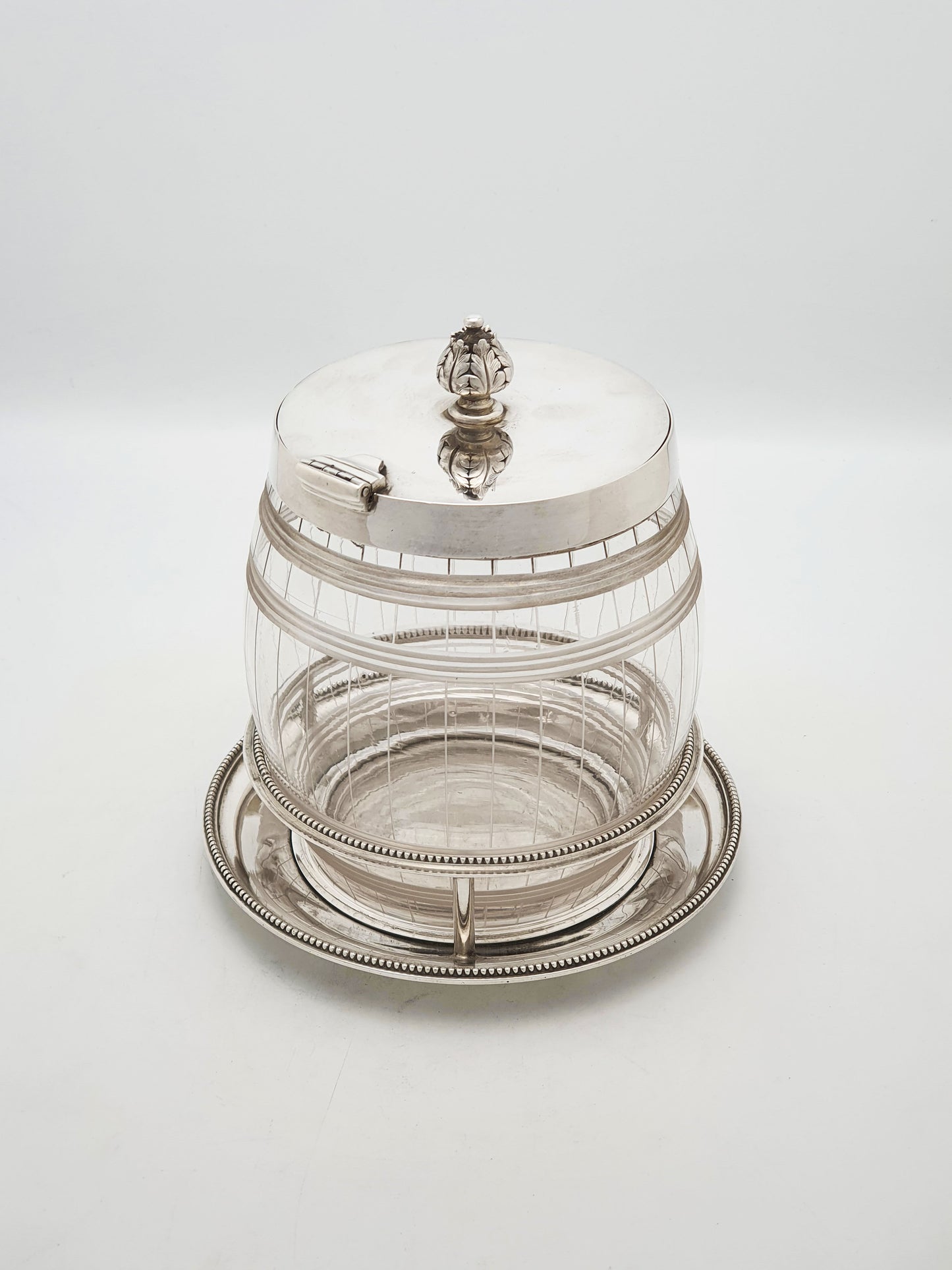 Antique Elkington Cut Glass and Silver Plated Biscuit Barrel With Stand – 1869