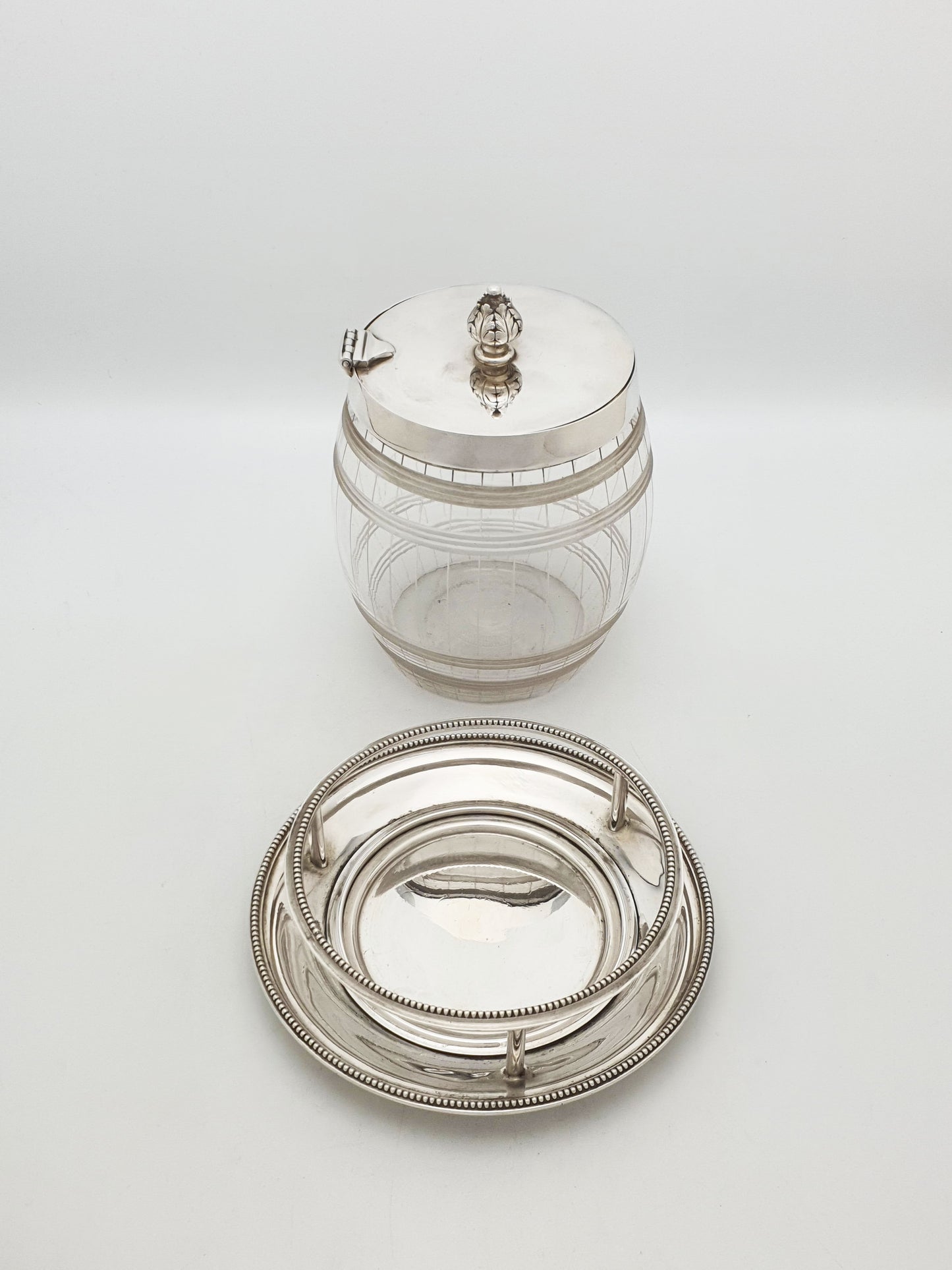 Antique Elkington Cut Glass and Silver Plated Biscuit Barrel With Stand – 1869