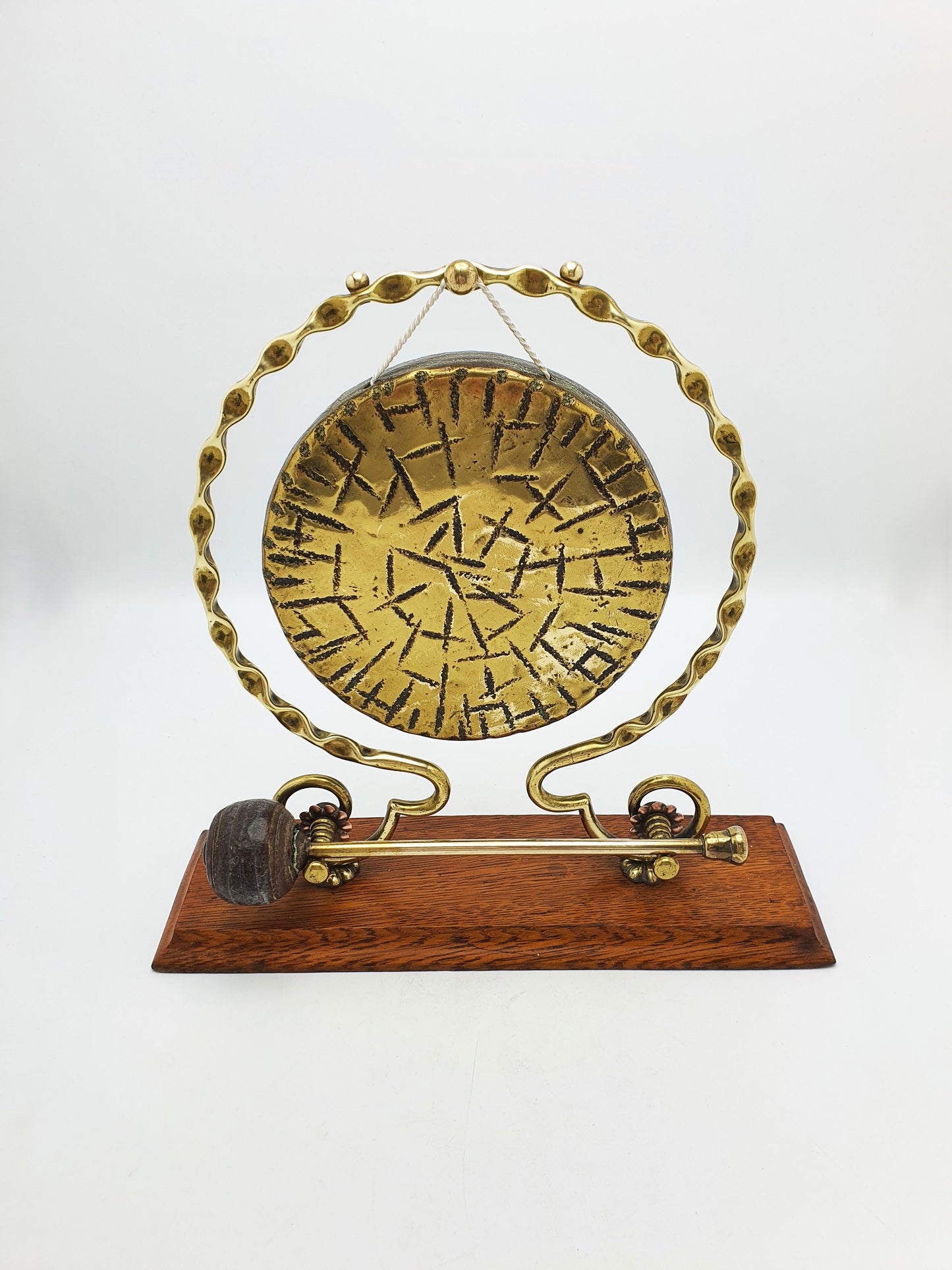 Antique Brass Dinner Gong On Oak Base With Handheld Striker – circa 1920