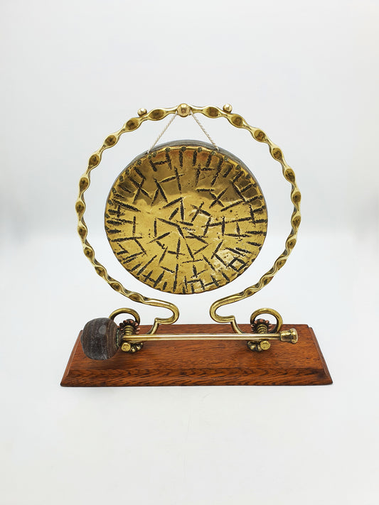 Antique Brass Dinner Gong On Oak Base With Handheld Striker – circa 1920