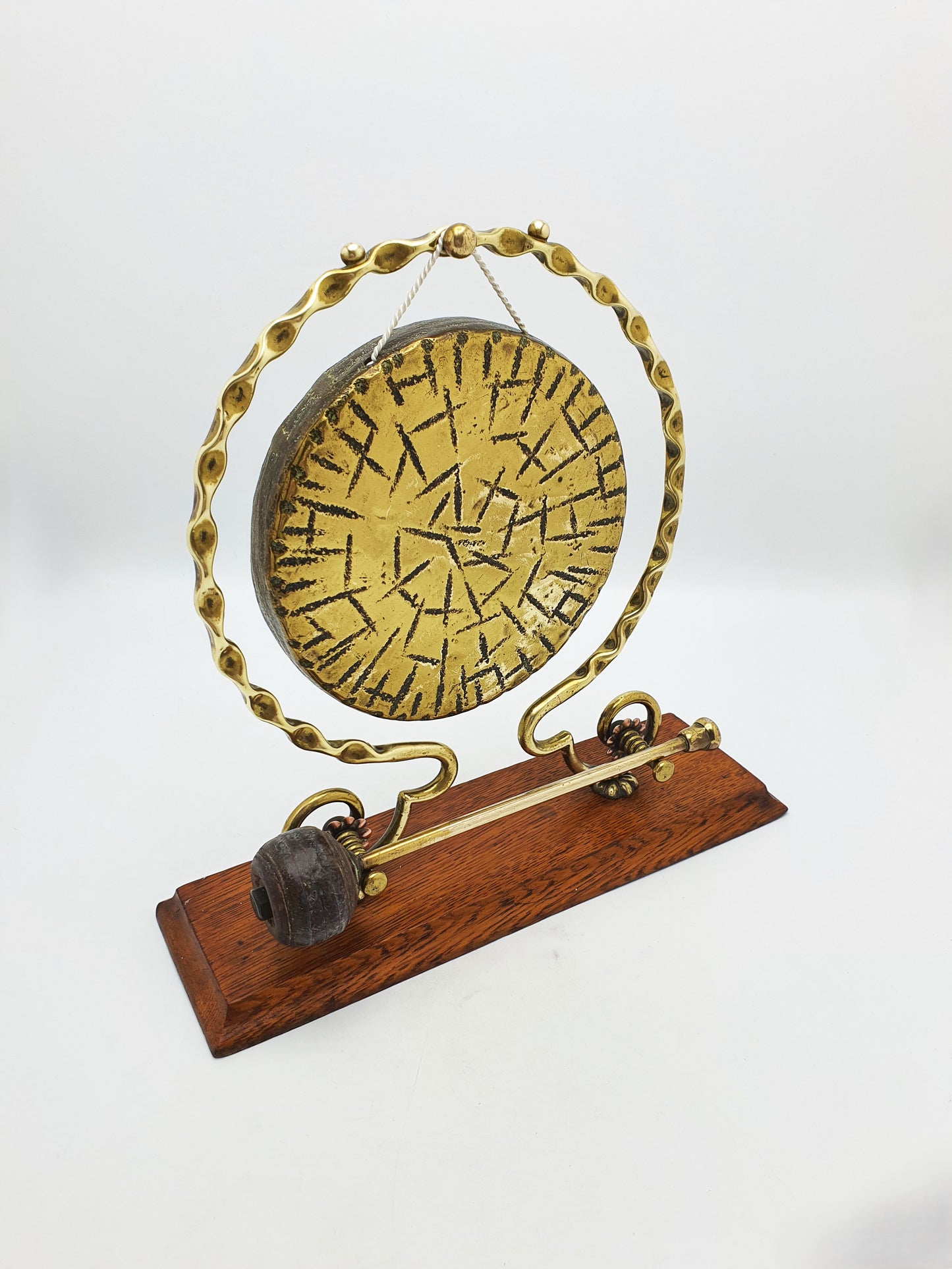 Antique Brass Dinner Gong On Oak Base With Handheld Striker – circa 1920