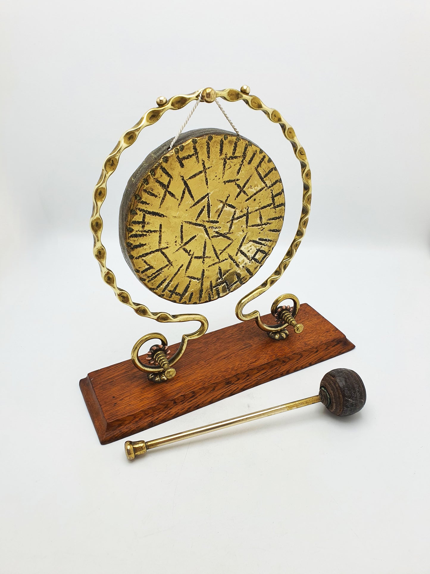 Antique Brass Dinner Gong On Oak Base With Handheld Striker – circa 1920