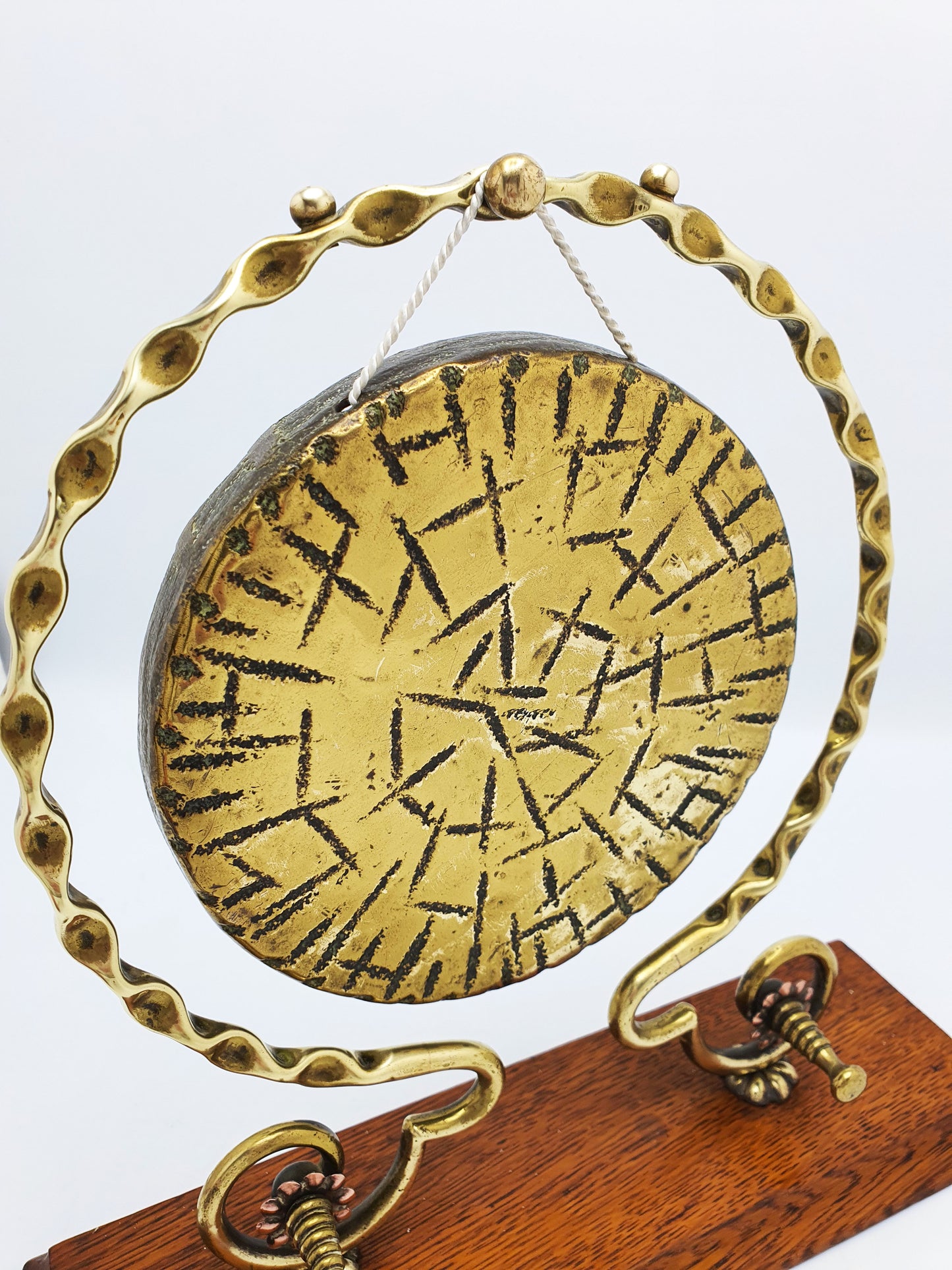 Antique Brass Dinner Gong On Oak Base With Handheld Striker – circa 1920