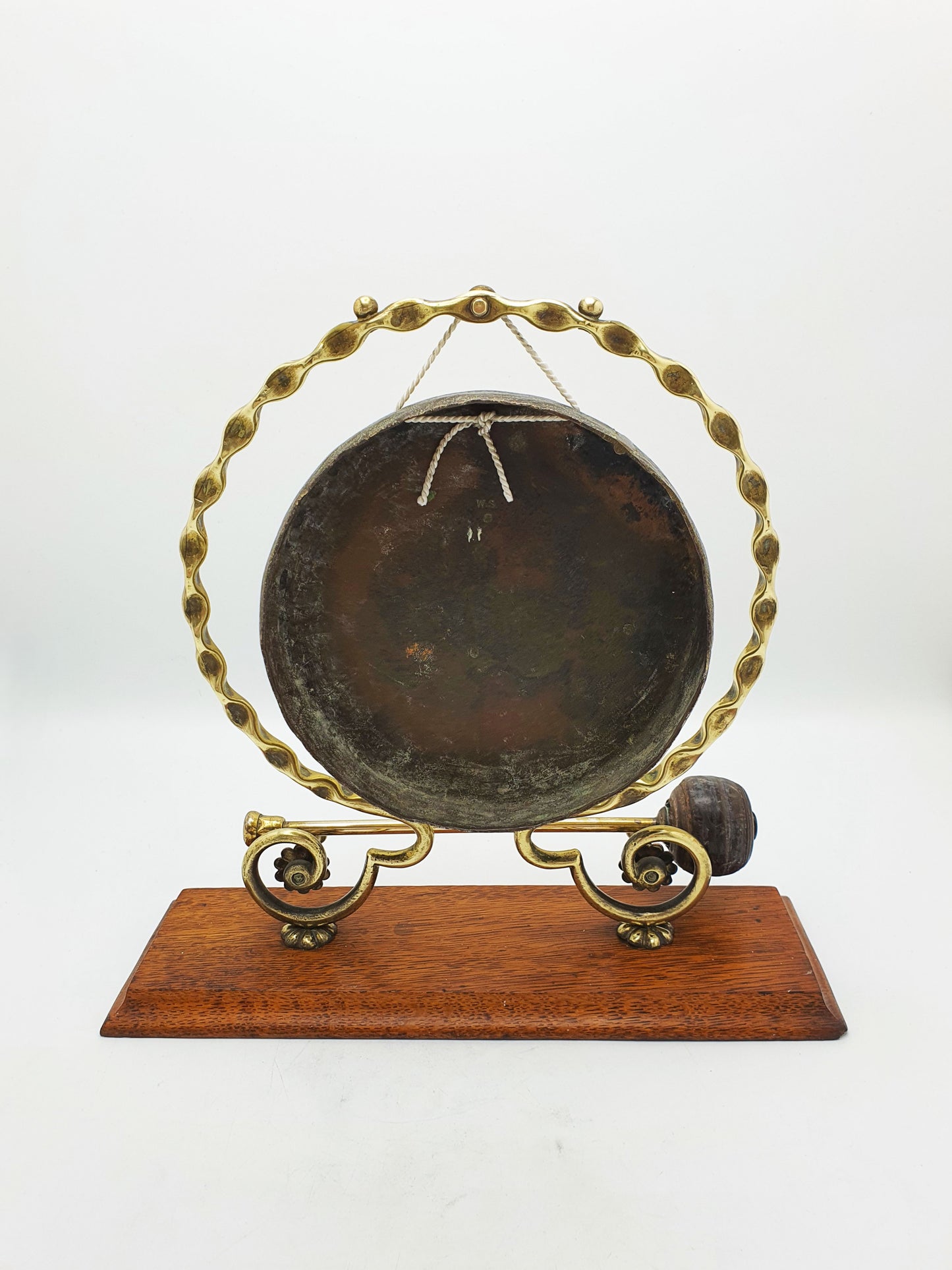 Antique Brass Dinner Gong On Oak Base With Handheld Striker – circa 1920