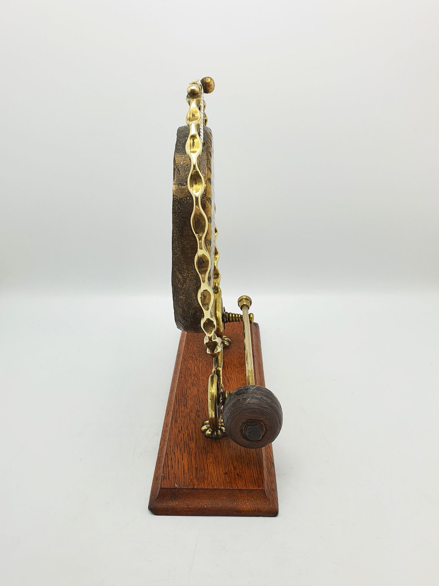 Antique Brass Dinner Gong On Oak Base With Handheld Striker – circa 1920