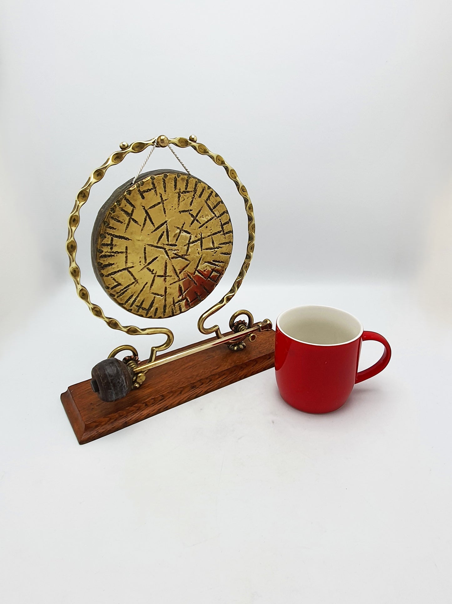 Antique Brass Dinner Gong On Oak Base With Handheld Striker – circa 1920