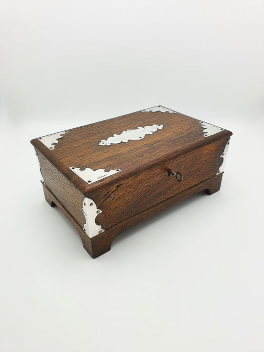 Splendid Antique Edwardian Oak Cigar Box With Sterling Silver Mounts - 1908