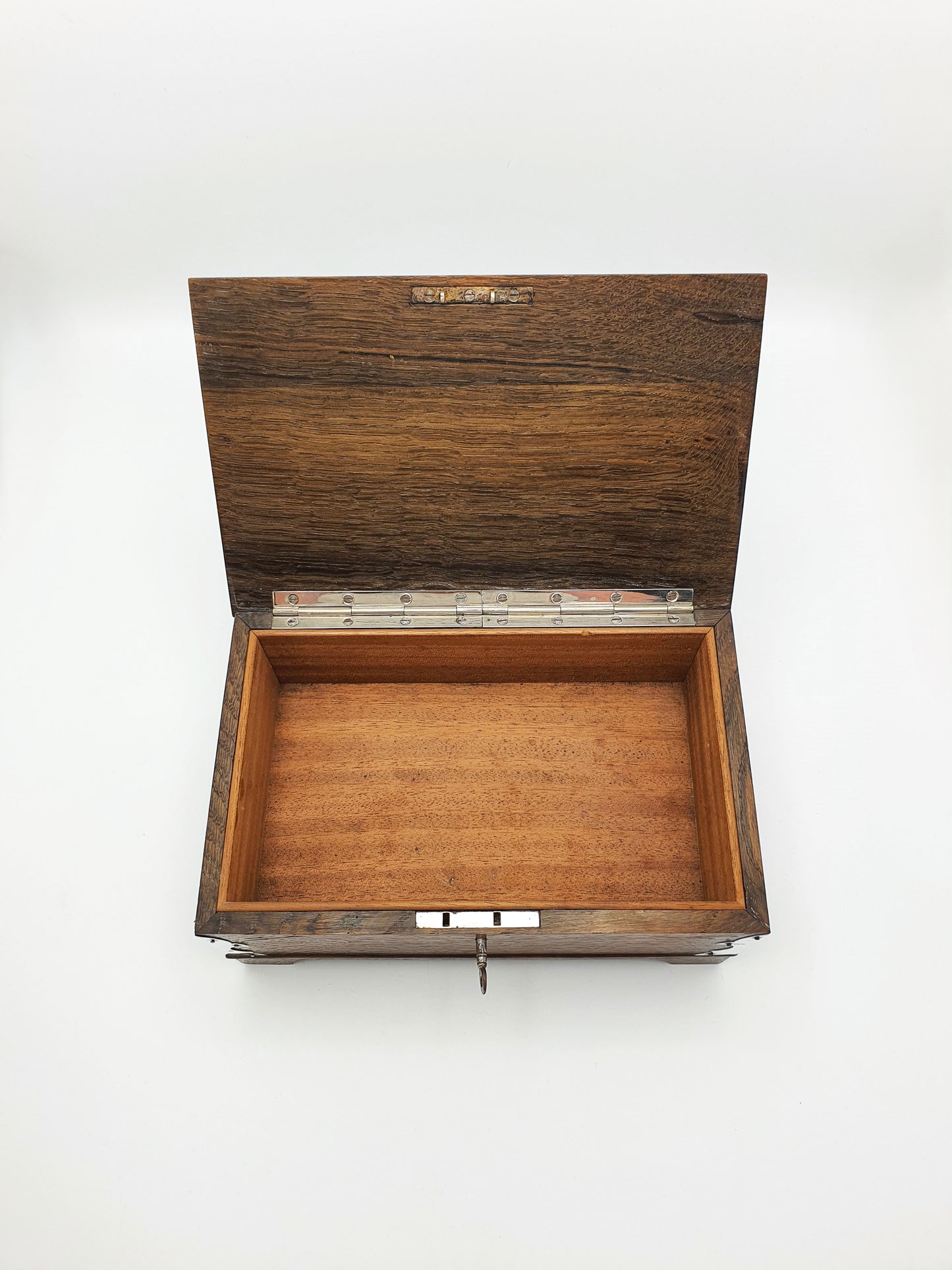 Splendid Antique Edwardian Oak Cigar Box With Sterling Silver Mounts - 1908