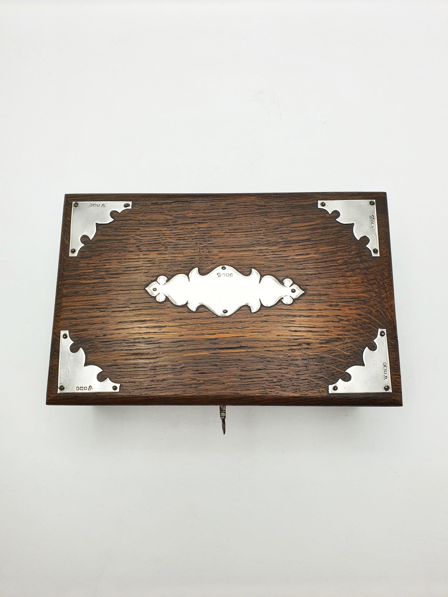 Splendid Antique Edwardian Oak Cigar Box With Sterling Silver Mounts - 1908
