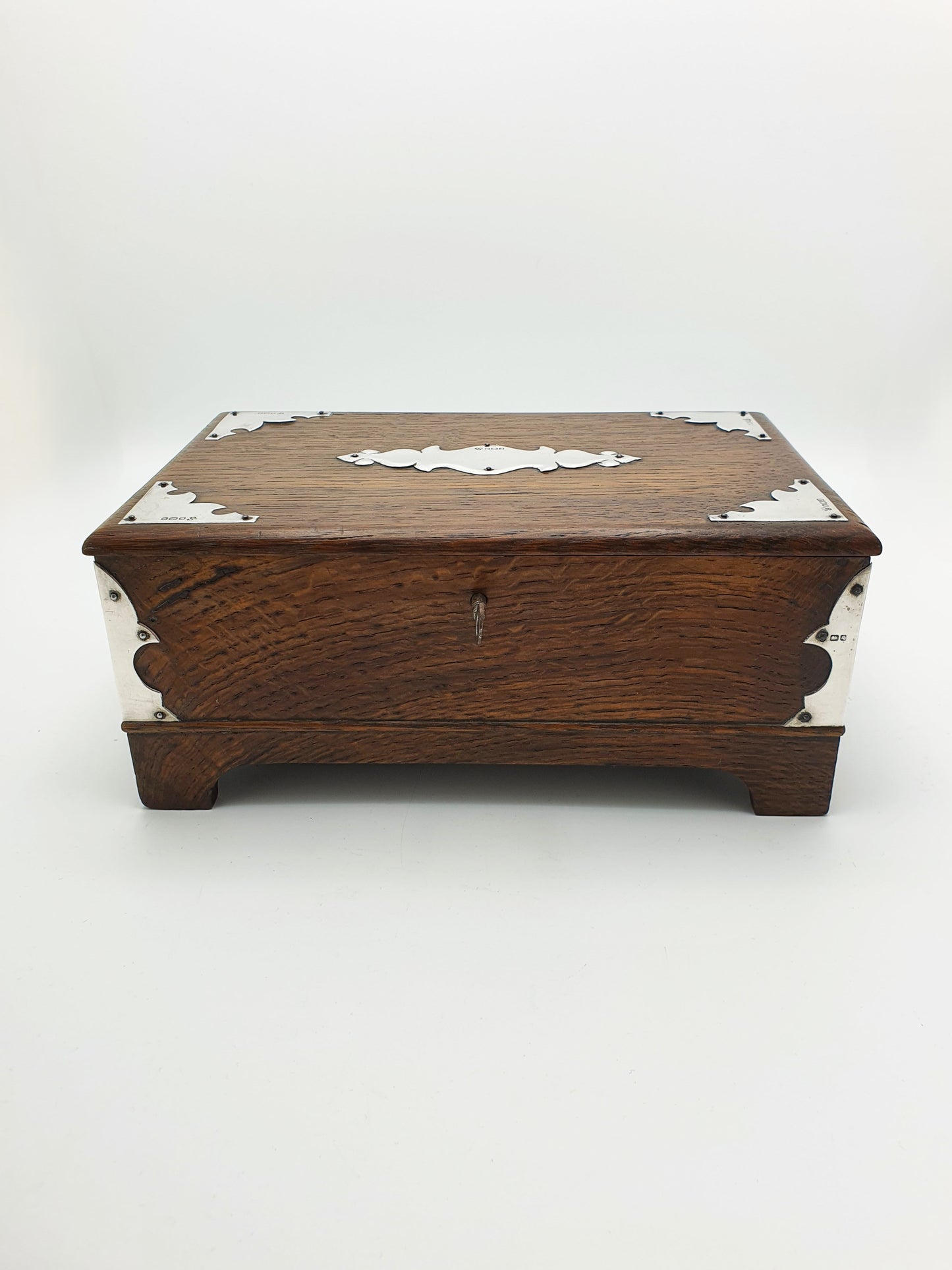 Splendid Antique Edwardian Oak Cigar Box With Sterling Silver Mounts - 1908