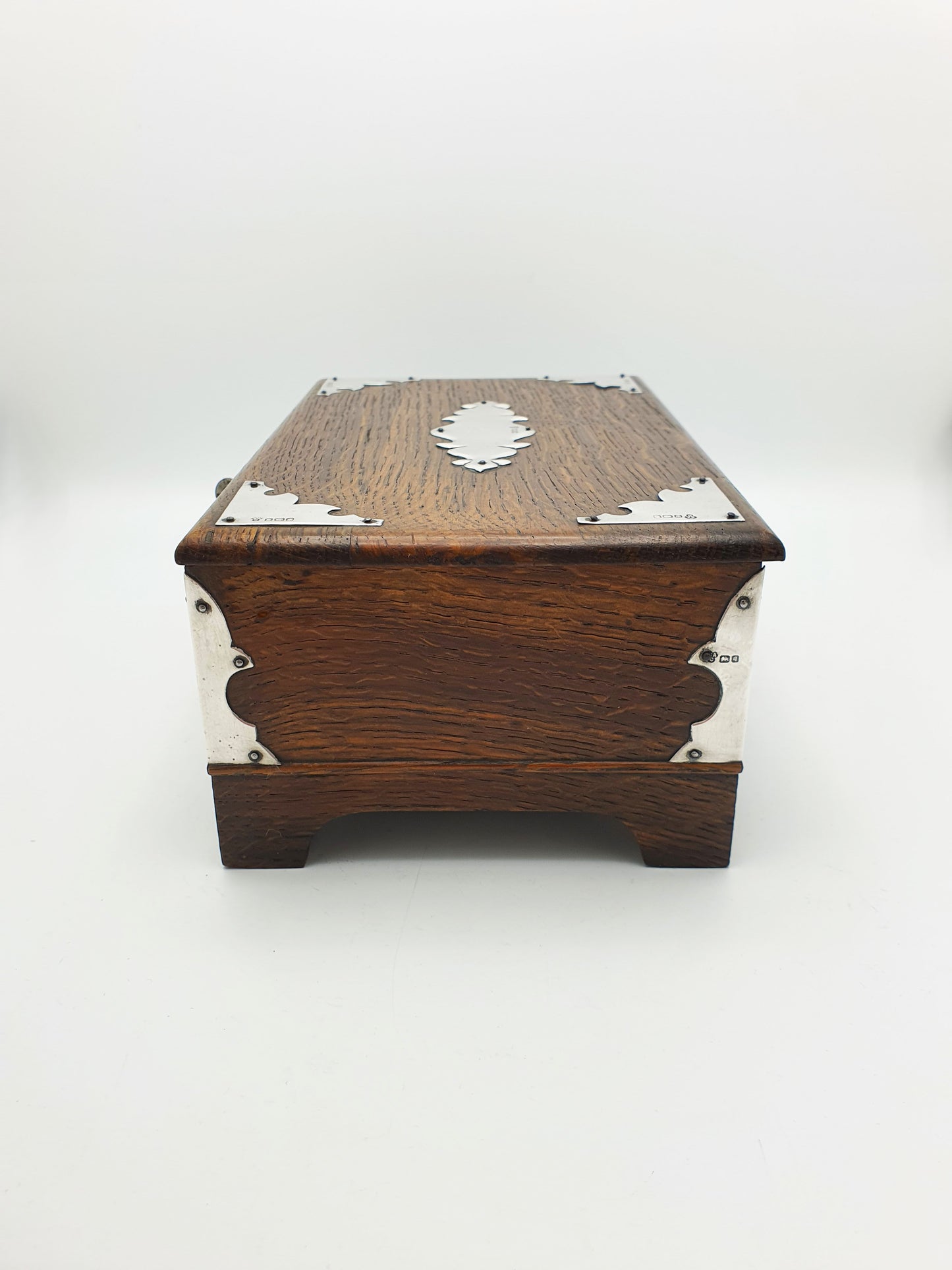 Splendid Antique Edwardian Oak Cigar Box With Sterling Silver Mounts - 1908