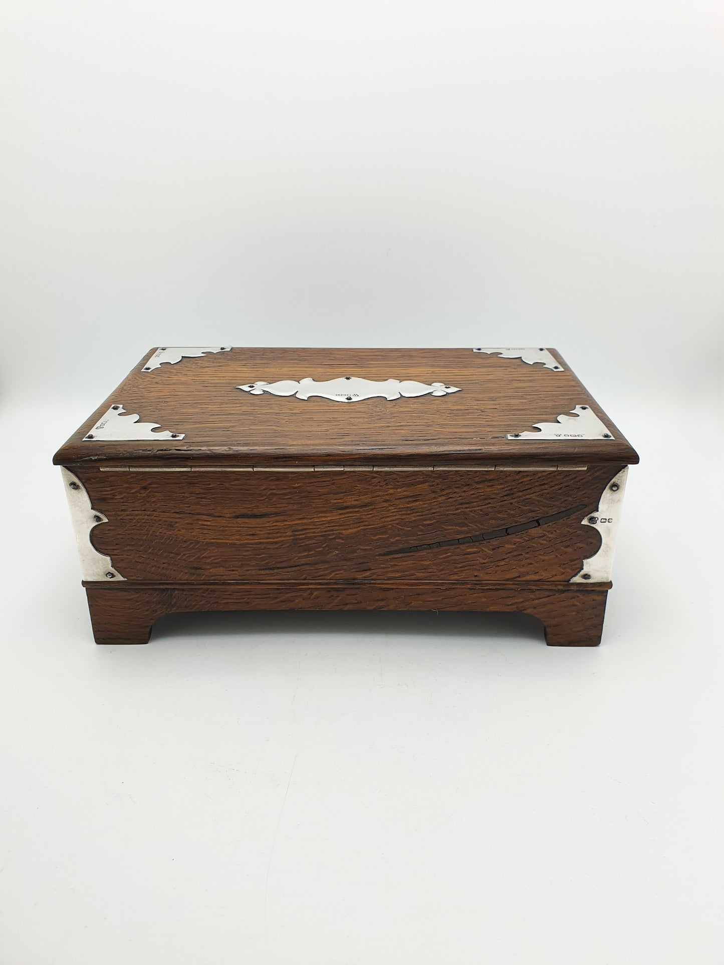 Splendid Antique Edwardian Oak Cigar Box With Sterling Silver Mounts - 1908
