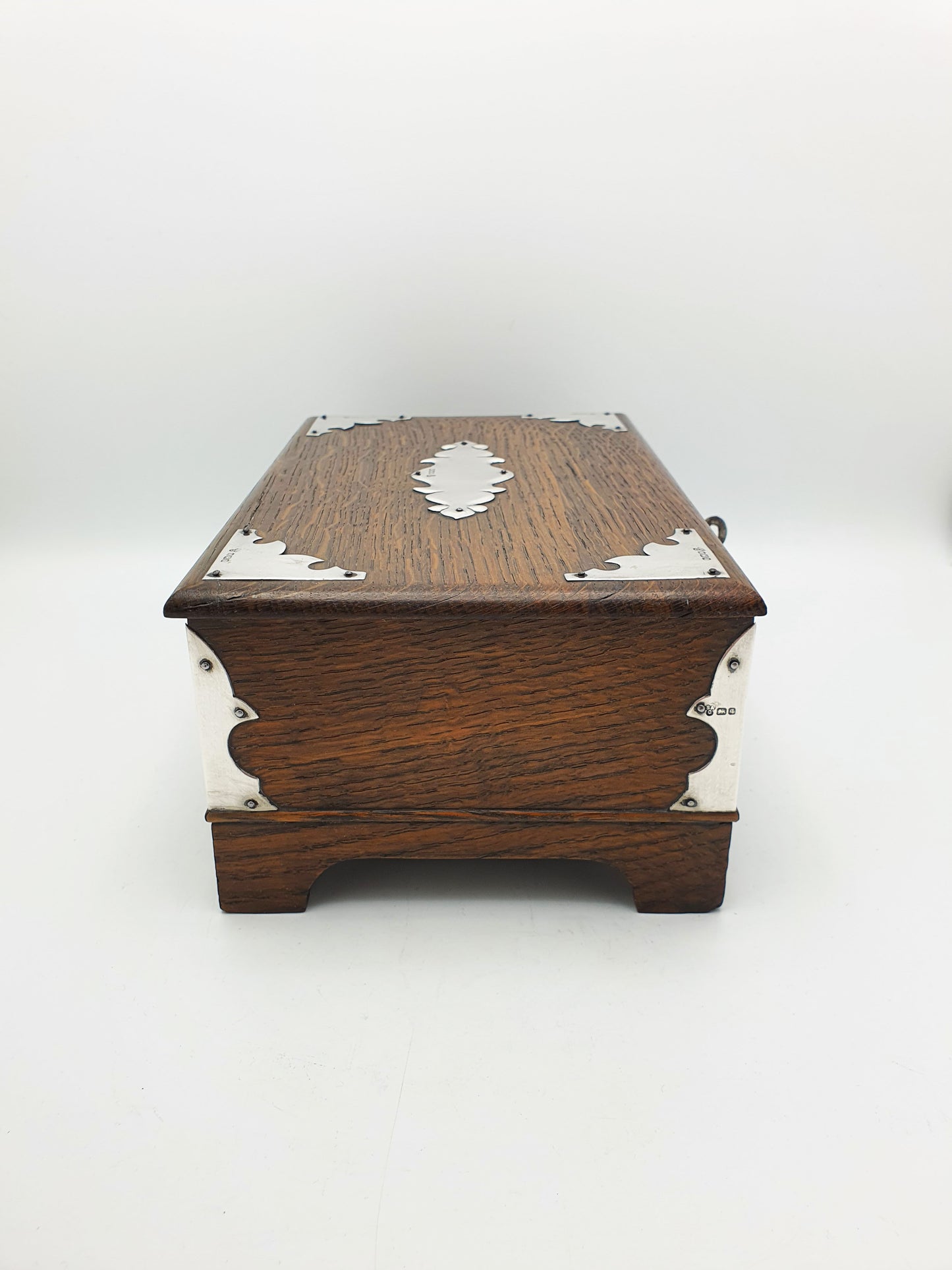 Splendid Antique Edwardian Oak Cigar Box With Sterling Silver Mounts - 1908