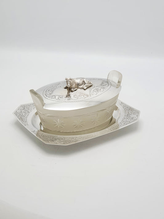 Antique Edwardian Silver Plate And Cut Glass Butter Dish With Cow Finial – circa 1905