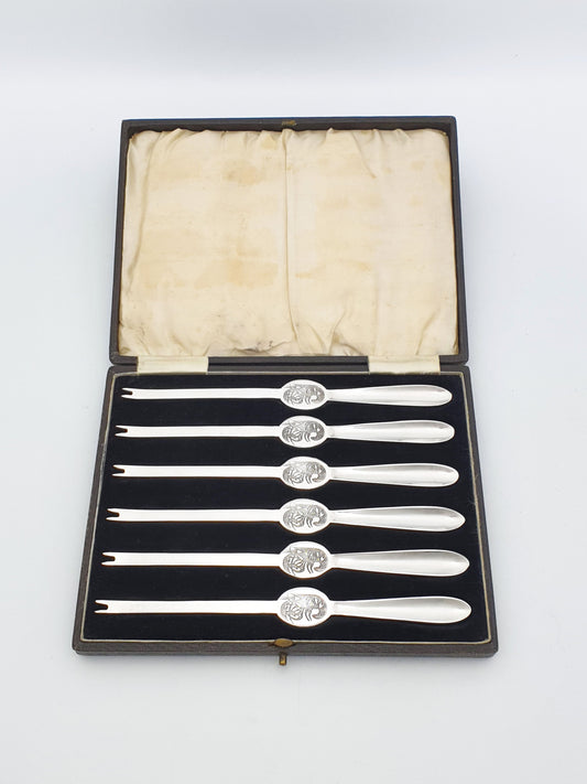 Set of Six Antique Silver Plated Lobster Picks With Etched Lobster Motifs -  circa 1925