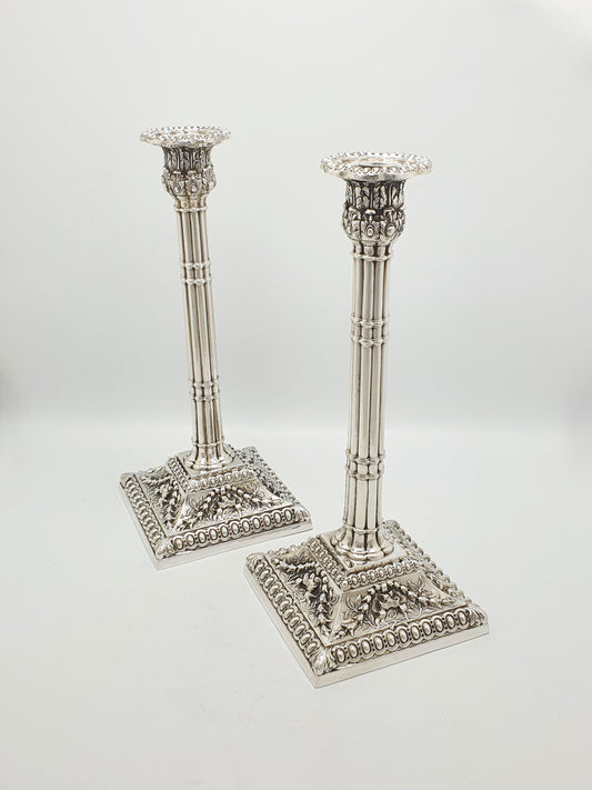 Fabulous Pair of Neoclassical Silver Plated Column Candlesticks – circa 1870