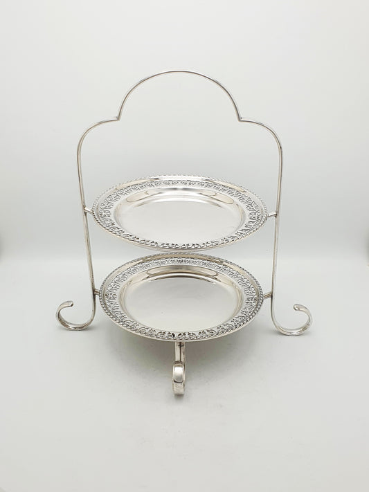 Vintage Silver Plated Two Tier Cake Stand With Pierced Borders – circa 1930