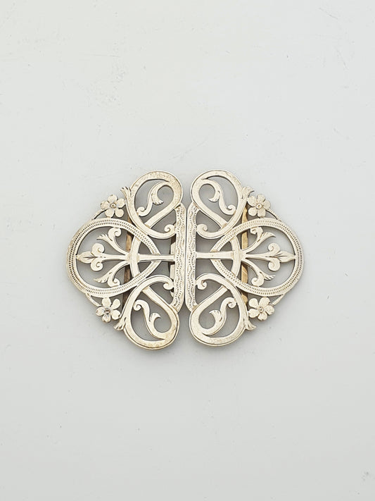 Antique Edwardian Sterling Silver Pierced Scroll Belt Buckle - 1907
