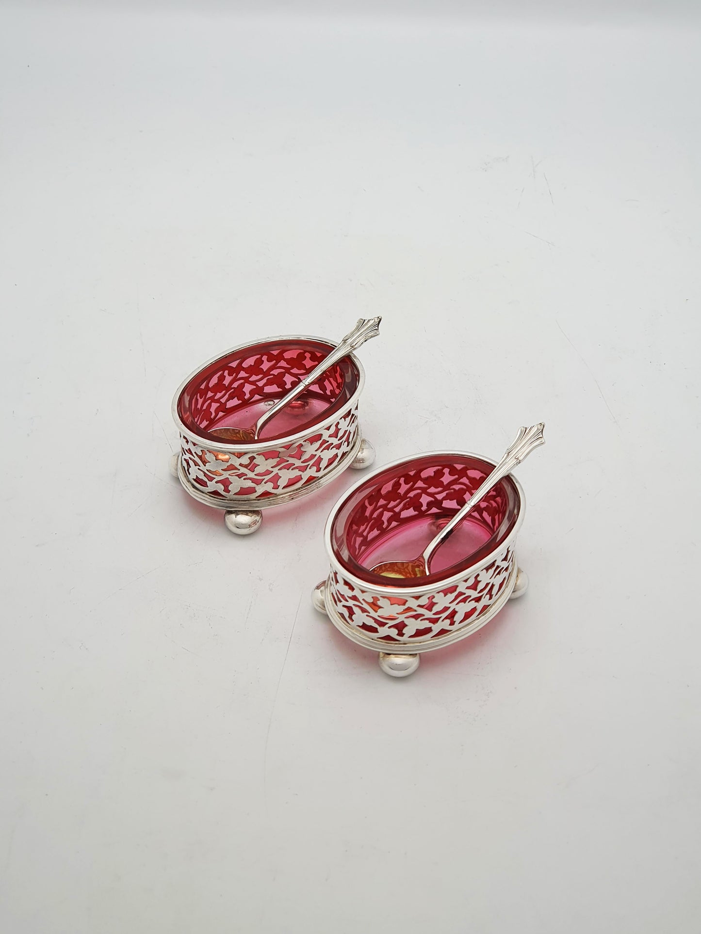 Antique Edwardian Silver Plated Openwork Salts With Cranberry Glass - circa 1905