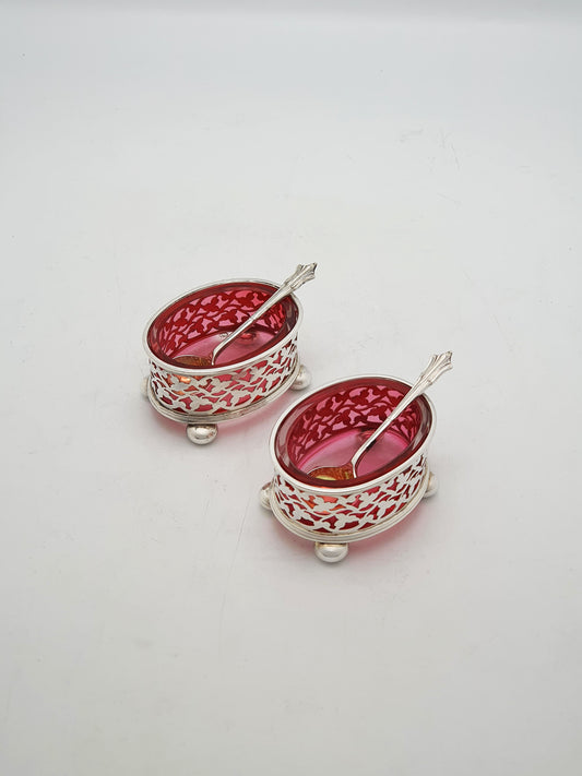 Antique Edwardian Silver Plated Openwork Salts With Cranberry Glass - circa 1905