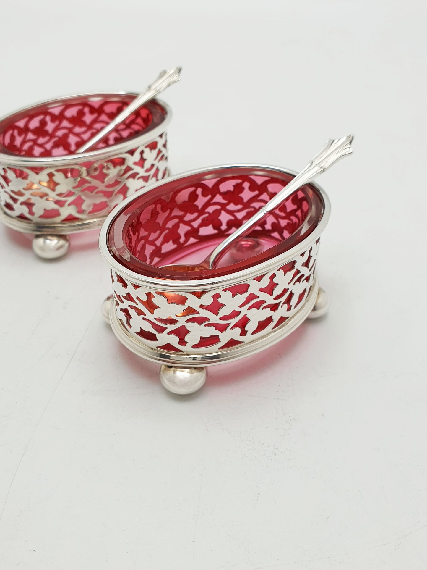 Antique Edwardian Silver Plated Openwork Salts With Cranberry Glass - circa 1905