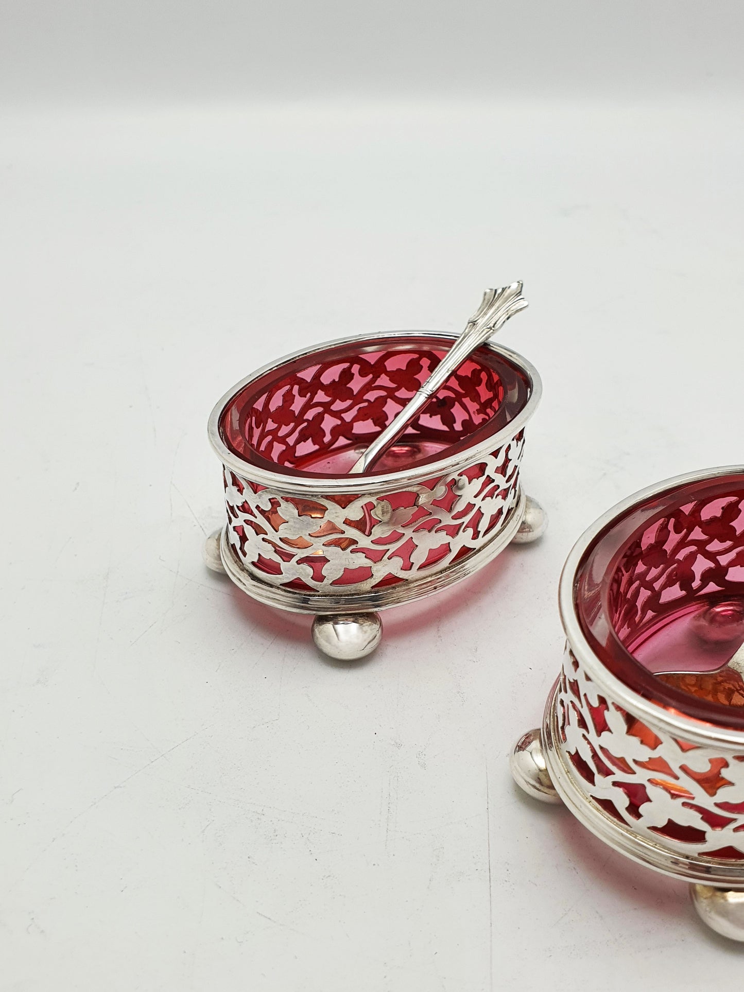 Antique Edwardian Silver Plated Openwork Salts With Cranberry Glass - circa 1905