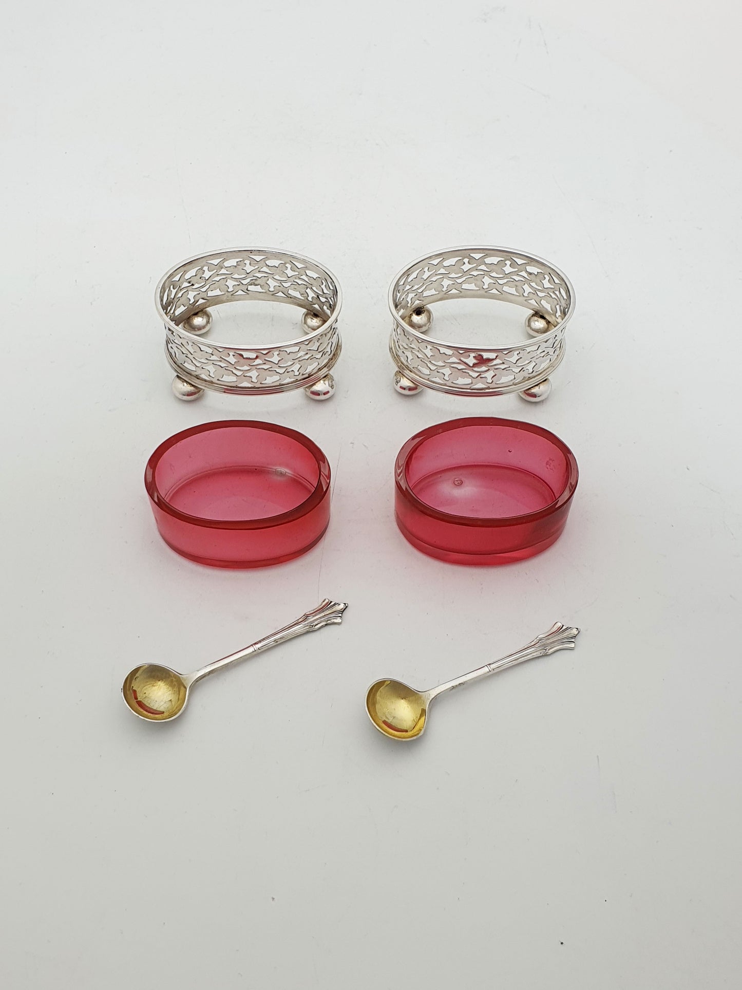 Antique Edwardian Silver Plated Openwork Salts With Cranberry Glass - circa 1905