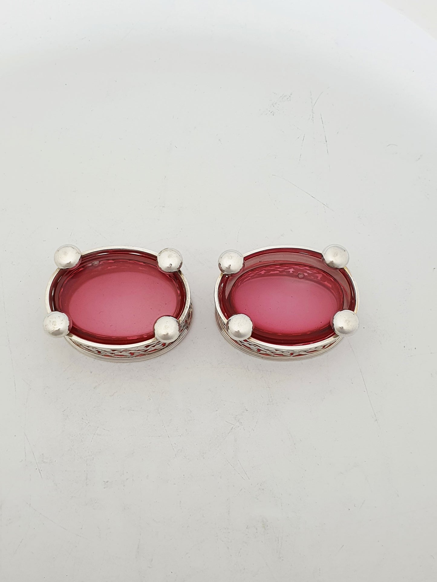Antique Edwardian Silver Plated Openwork Salts With Cranberry Glass - circa 1905