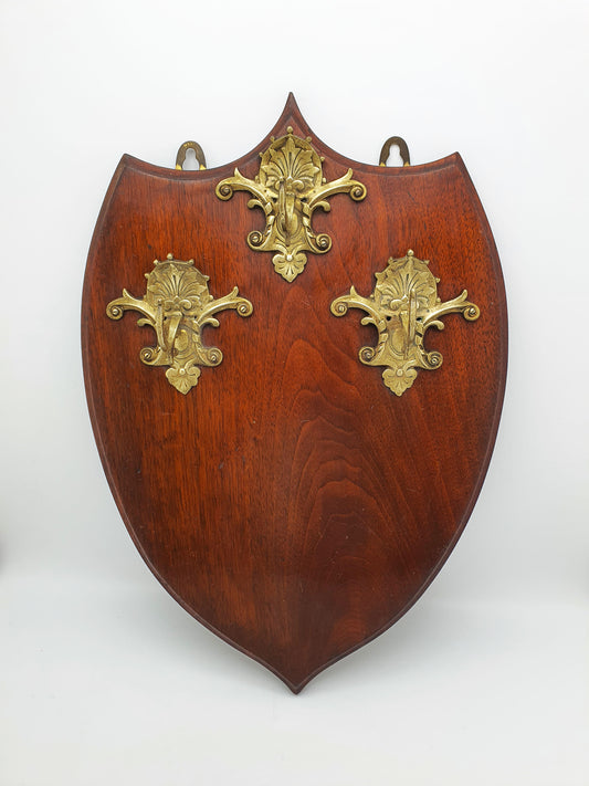 Antique Edwardian Mahogany Wall Plaque With Three Ornate Brass Coat Hooks – circa 1905